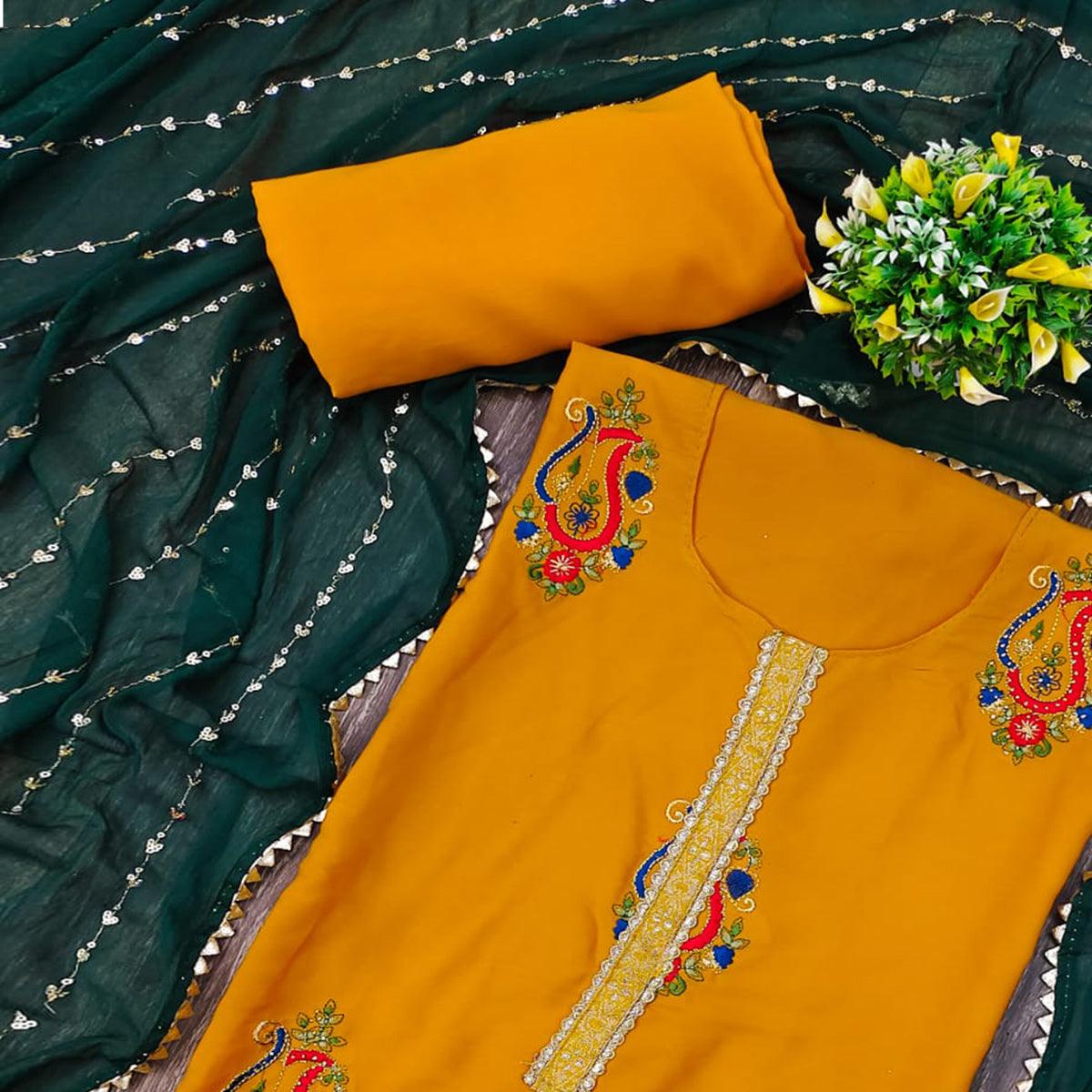 Mustard Yellow Festive Wear Embroidered Cotton Dress Material - Peachmode