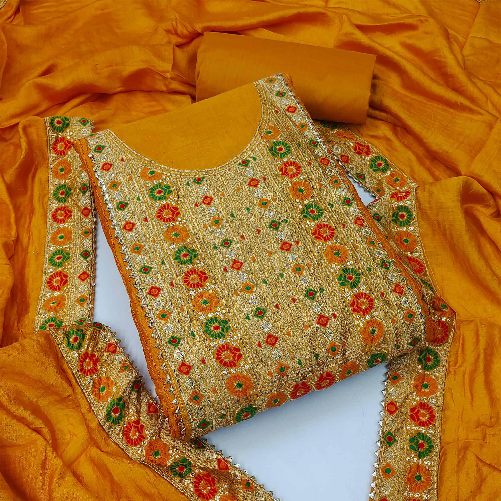 Mustard Yellow Festive Wear Embroidered-Embellished Chanderi Dress Material - Peachmode