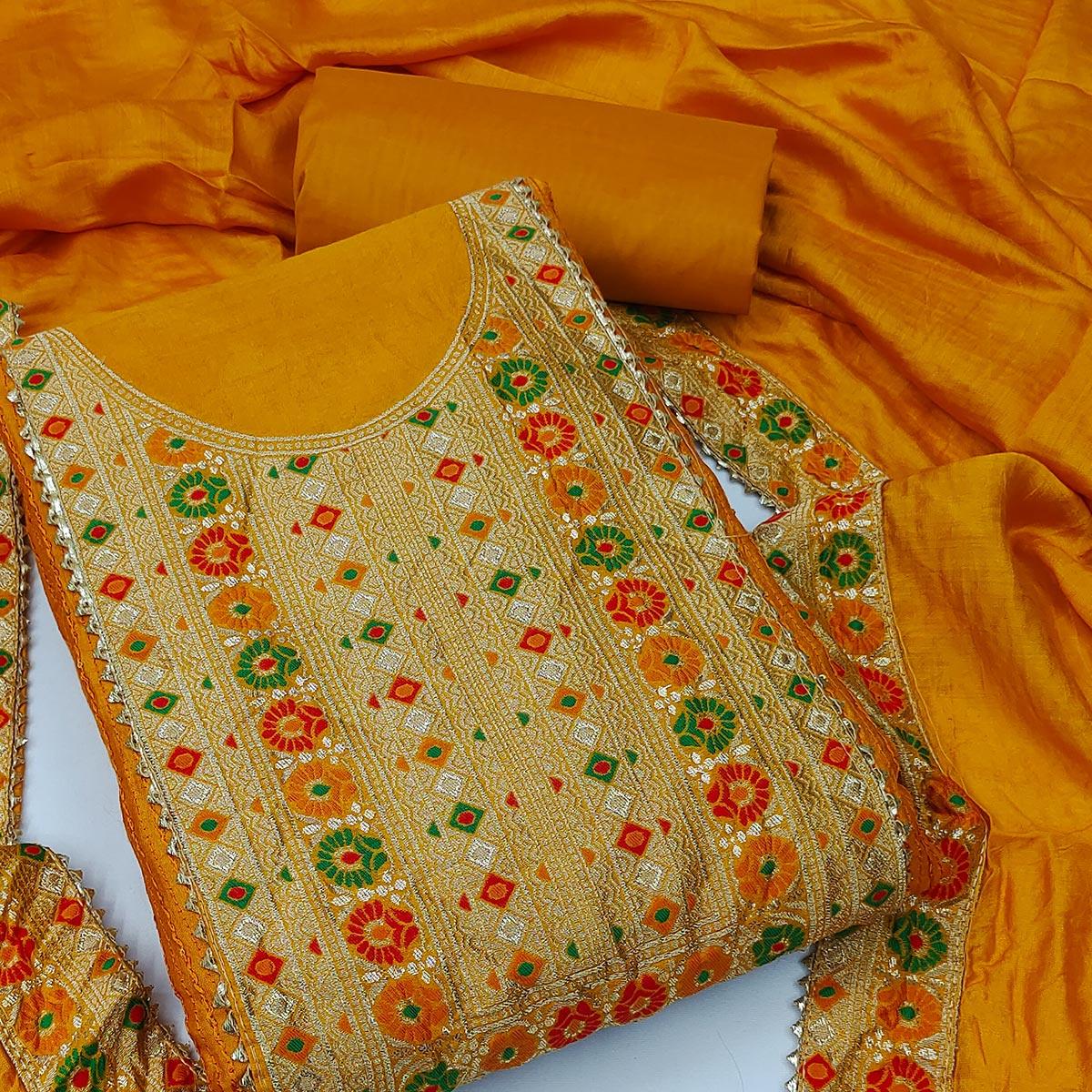 Mustard Yellow Festive Wear Embroidered-Embellished Chanderi Dress Material - Peachmode