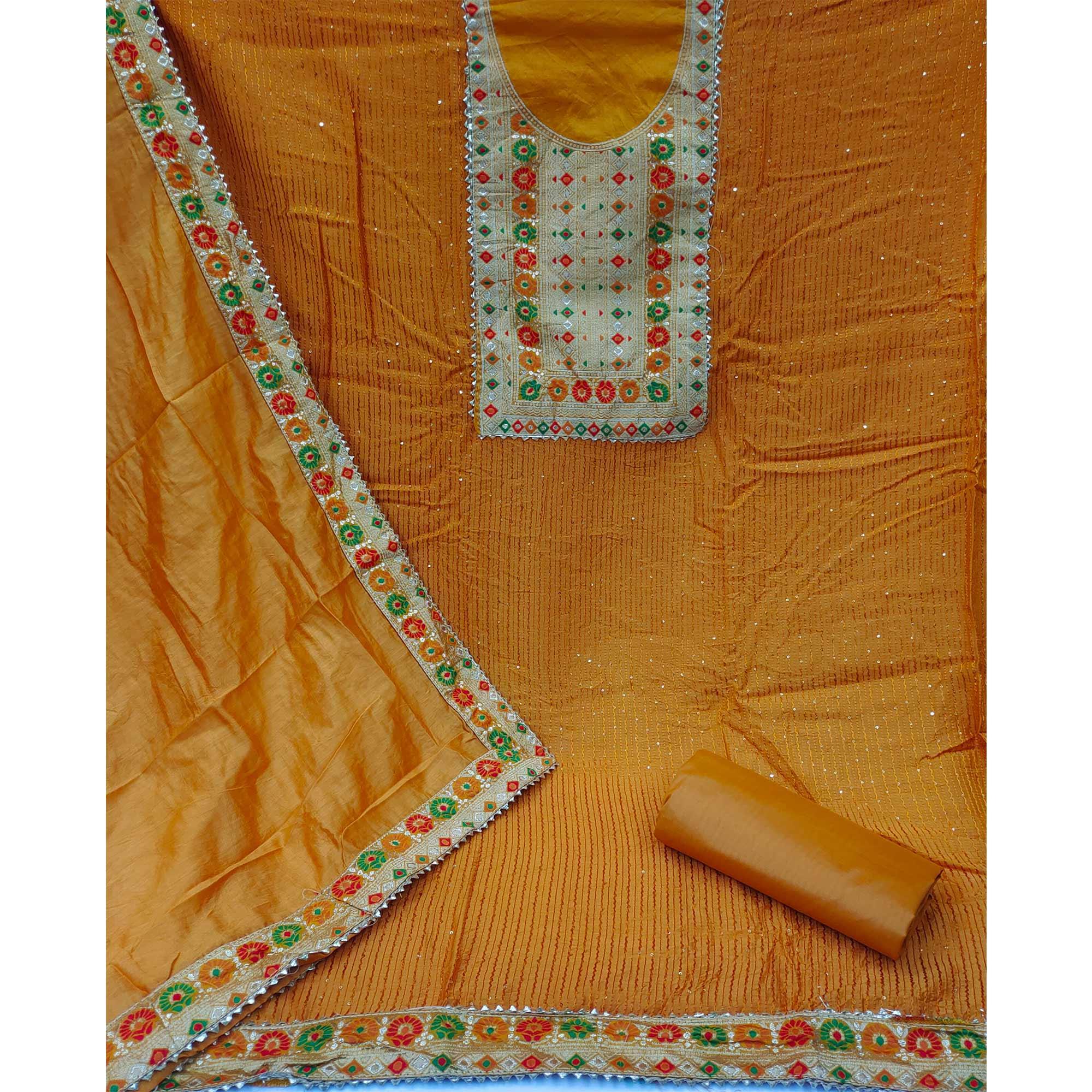 Mustard Yellow Festive Wear Embroidered-Embellished Chanderi Dress Material - Peachmode