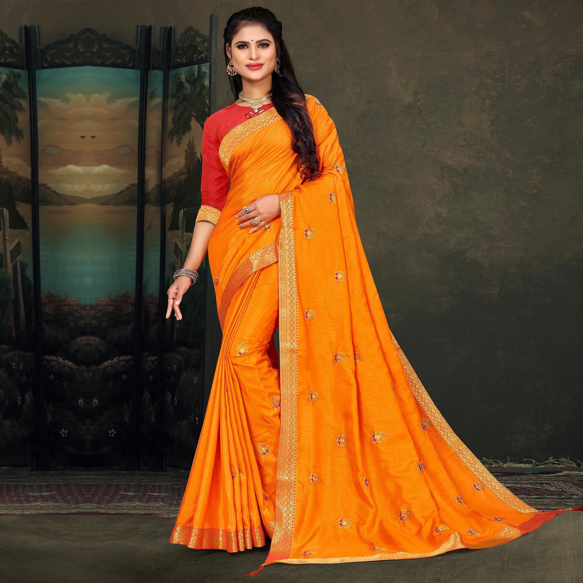 Mustard-Yellow Festive Wear Embroidered Vichitra Silk Saree - Peachmode