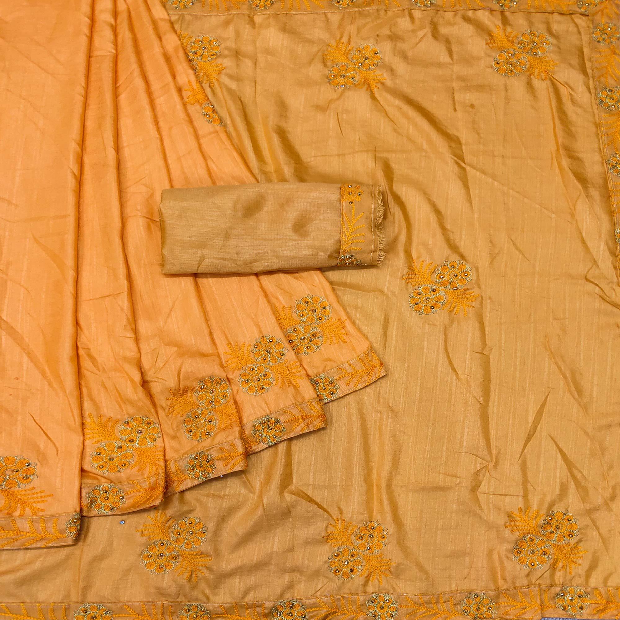 Mustard Yellow Festive Wear Floral Embroidered Silk Saree - Peachmode