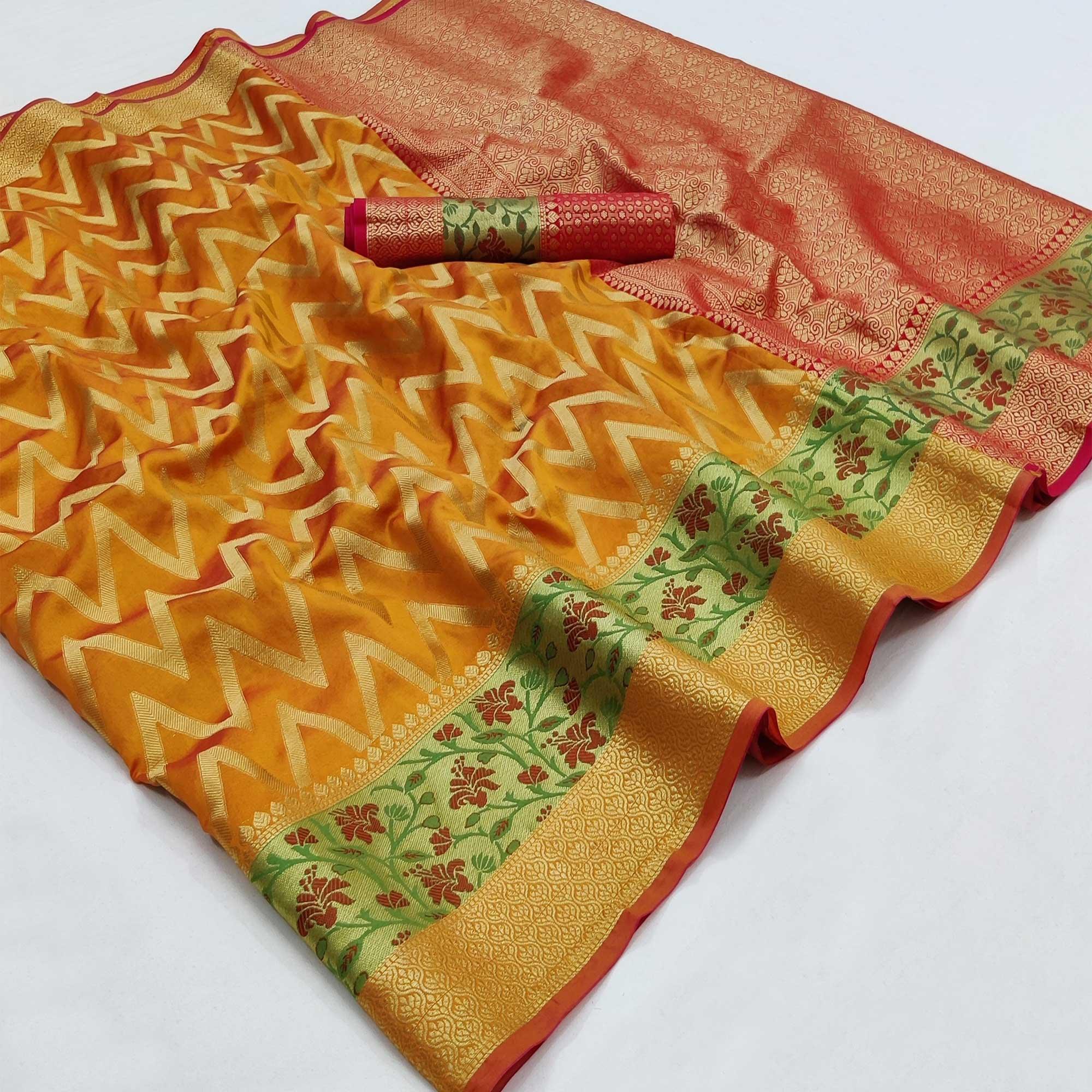 Mustard-Yellow Festive Wear Floral Woven Silk Saree - Peachmode