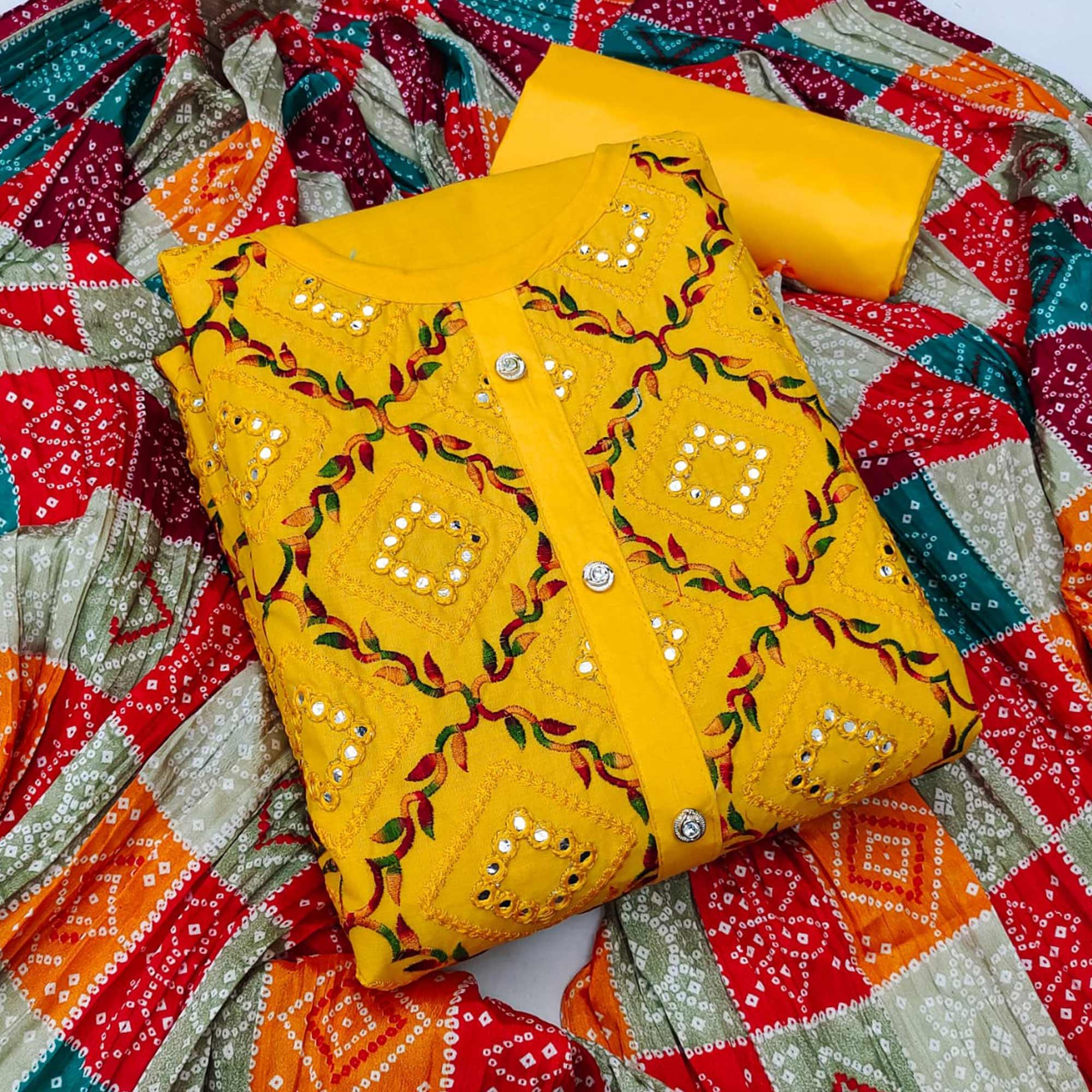 Mustard Yellow Festive Wear Heavy Embroidered & Mirror Work Cotton Dress Material - Peachmode