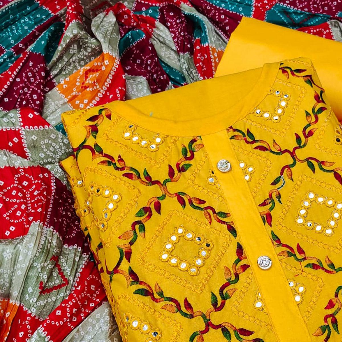 Mustard Yellow Festive Wear Heavy Embroidered & Mirror Work Cotton Dress Material - Peachmode