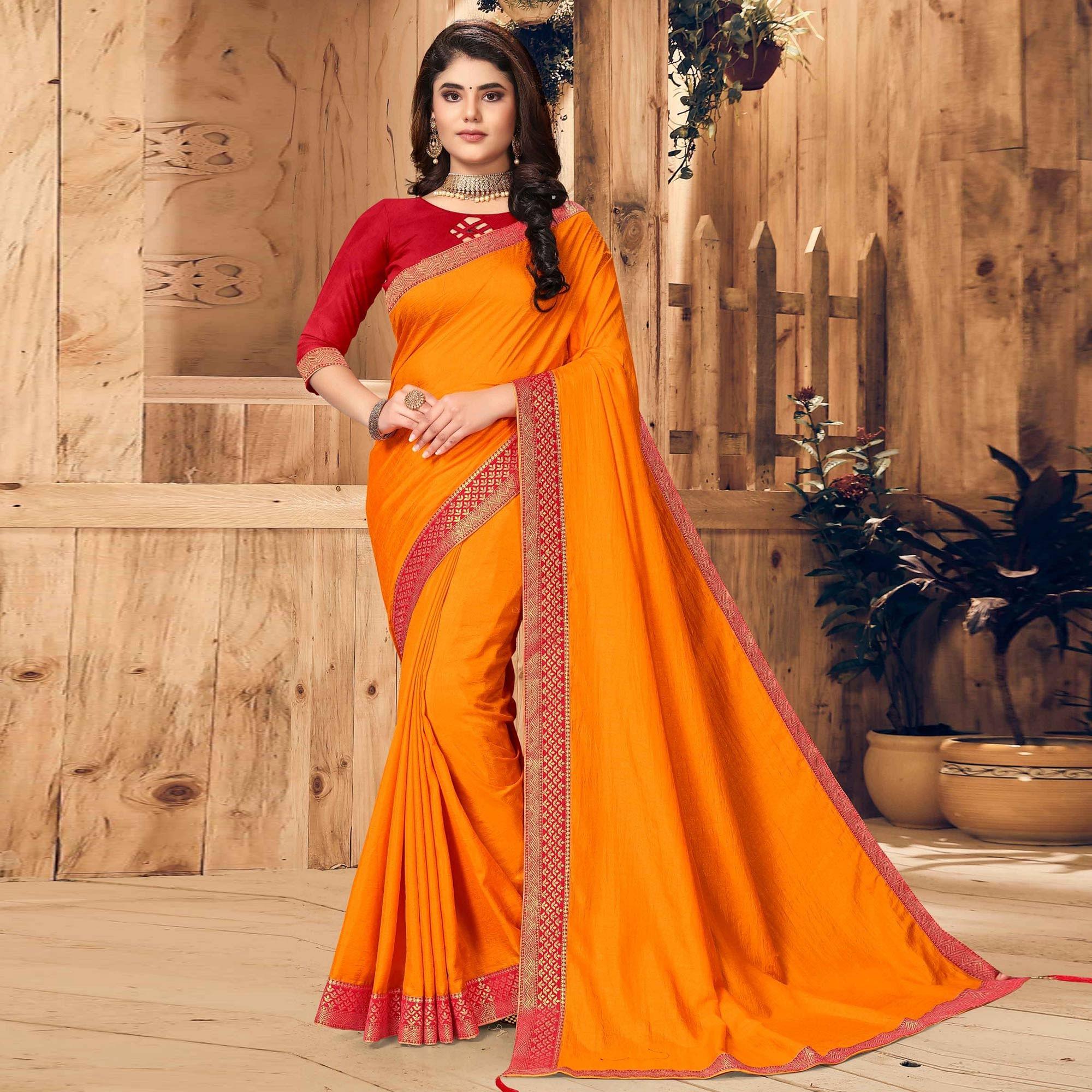 Mustard-Yellow Festive Wear Solid Vichitra Silk Saree - Peachmode
