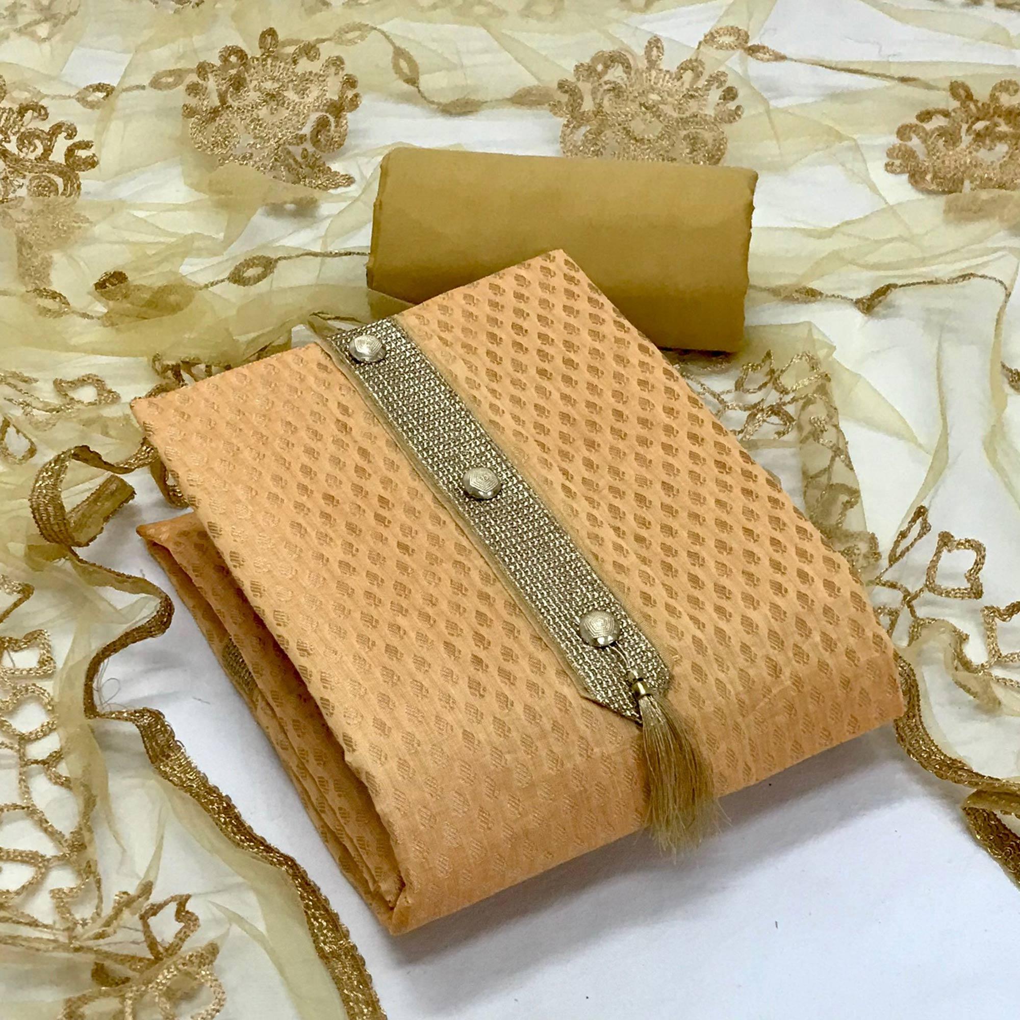 Mustard-Yellow Festive Wear Woven Banarasi Silk Dress Material - Peachmode
