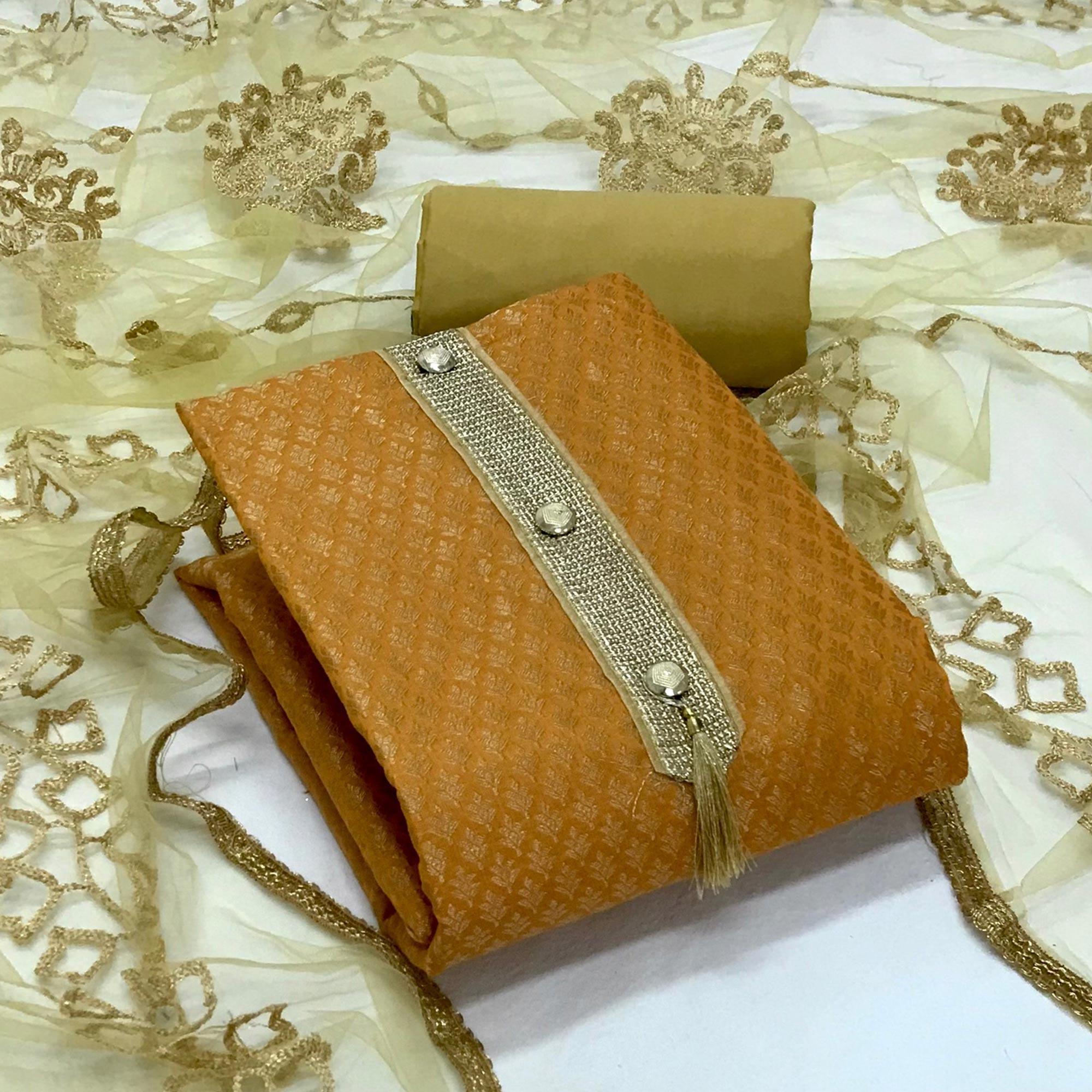 Mustard-Yellow Festive Wear Woven Banarasi Silk Dress Material - Peachmode