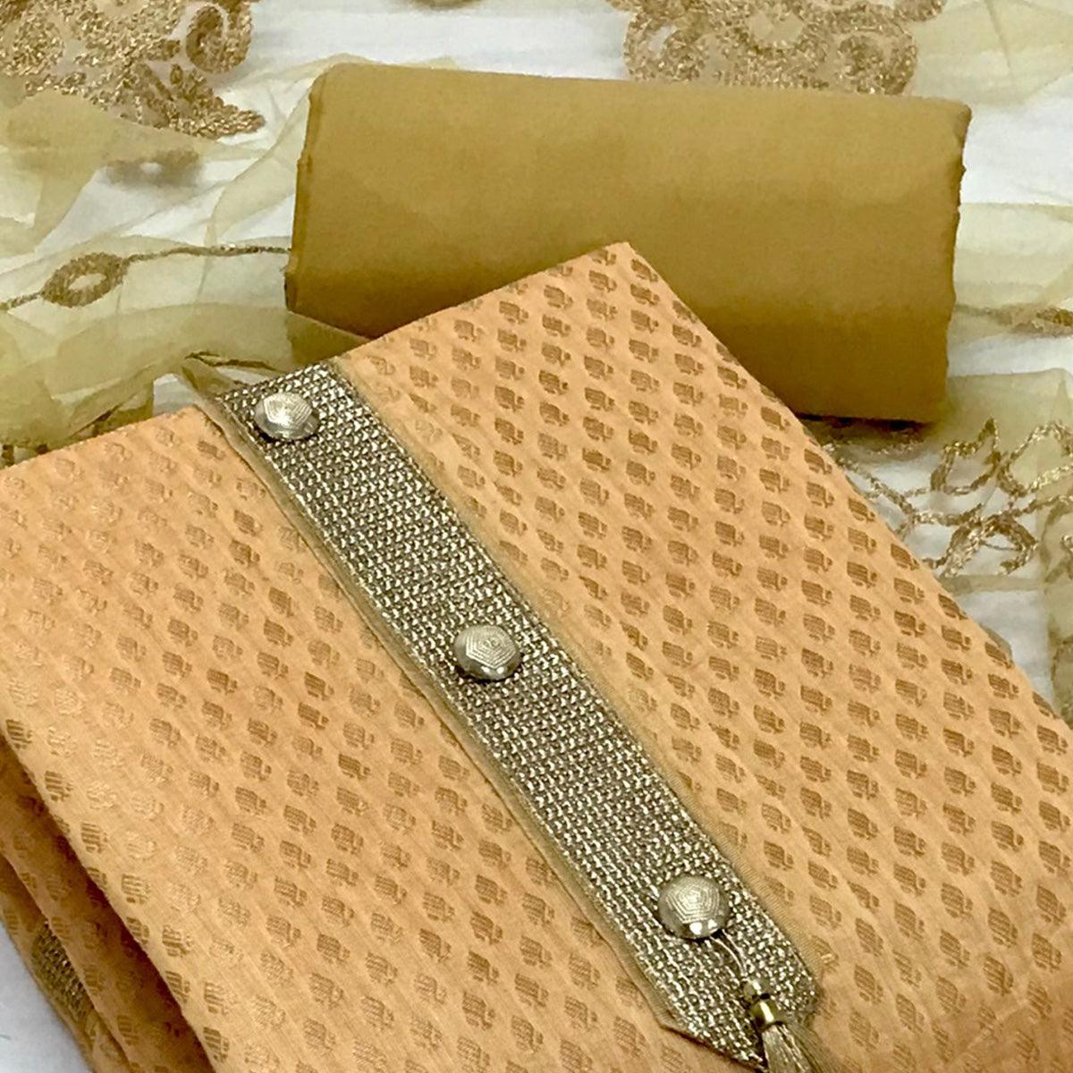 Mustard-Yellow Festive Wear Woven Banarasi Silk Dress Material - Peachmode