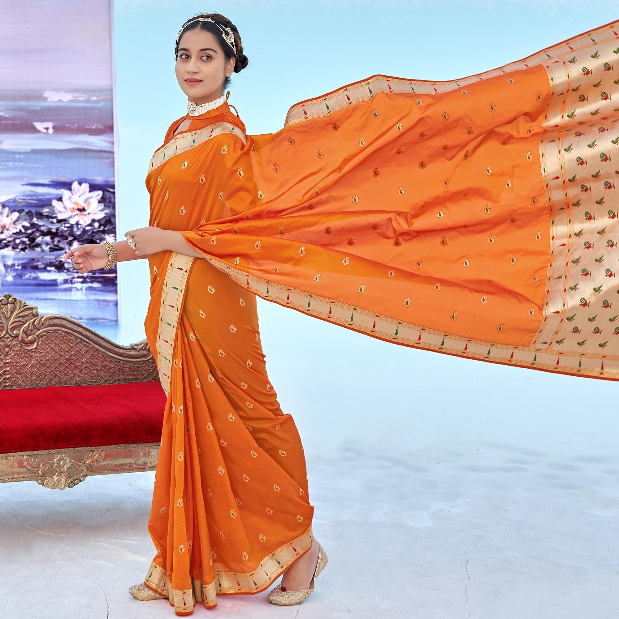 Mustard-Yellow Festive Wear Woven Banarasi Silk Saree - Peachmode
