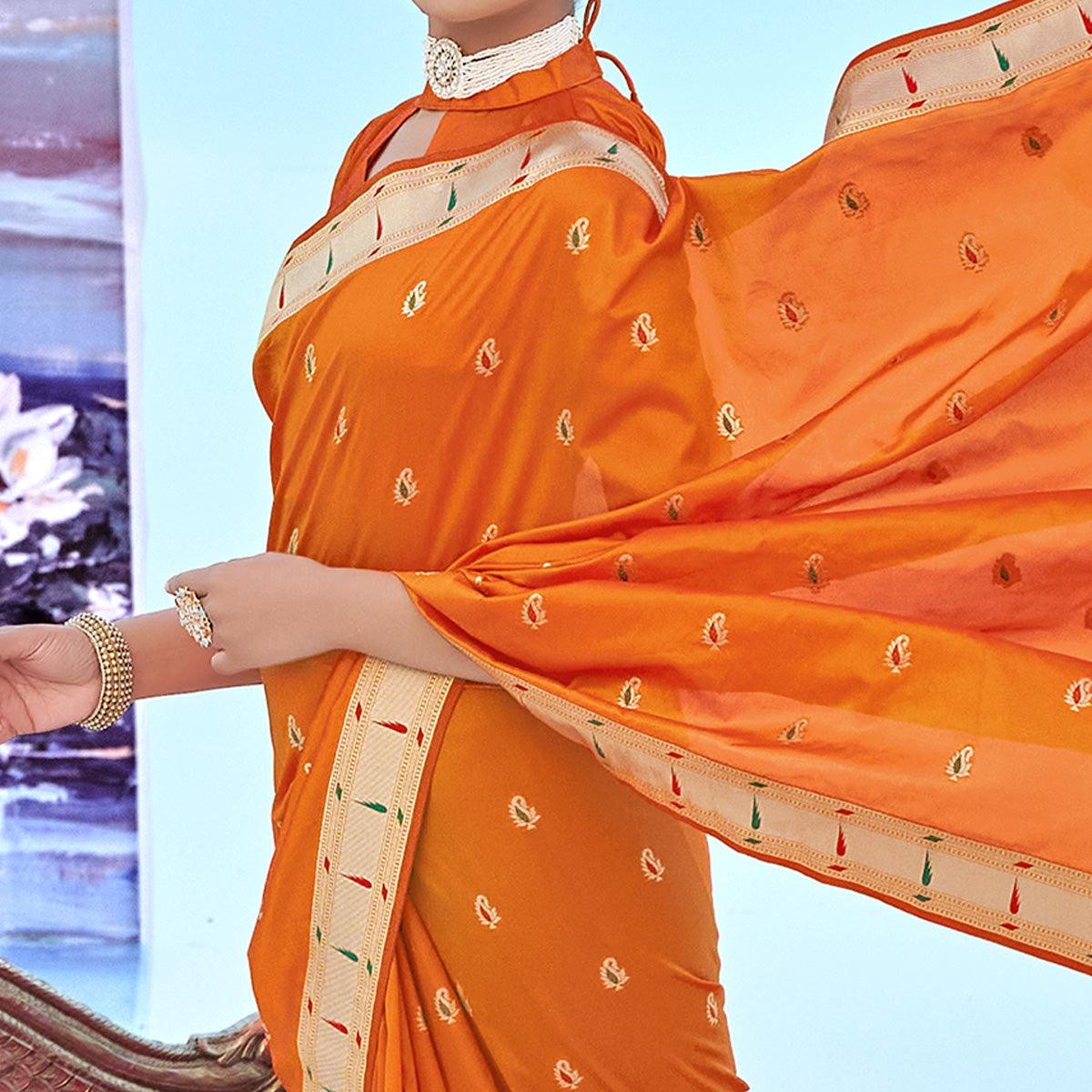 Mustard-Yellow Festive Wear Woven Banarasi Silk Saree - Peachmode