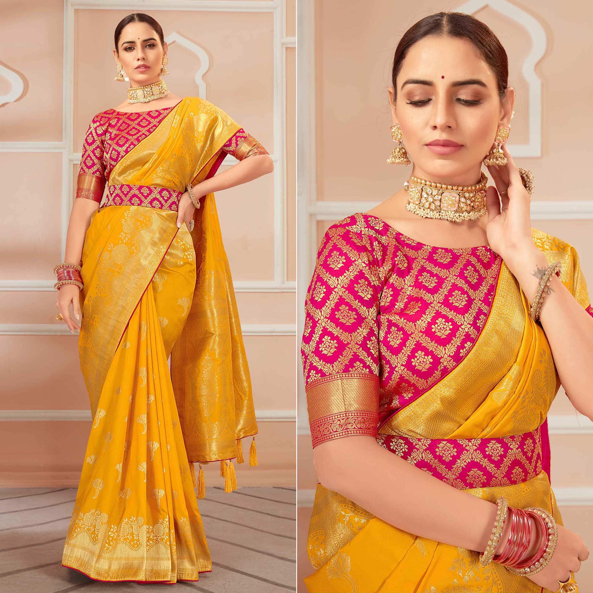 Mustard Yellow Festive Wear Woven Banarasi Silk Saree With Tassels - Peachmode