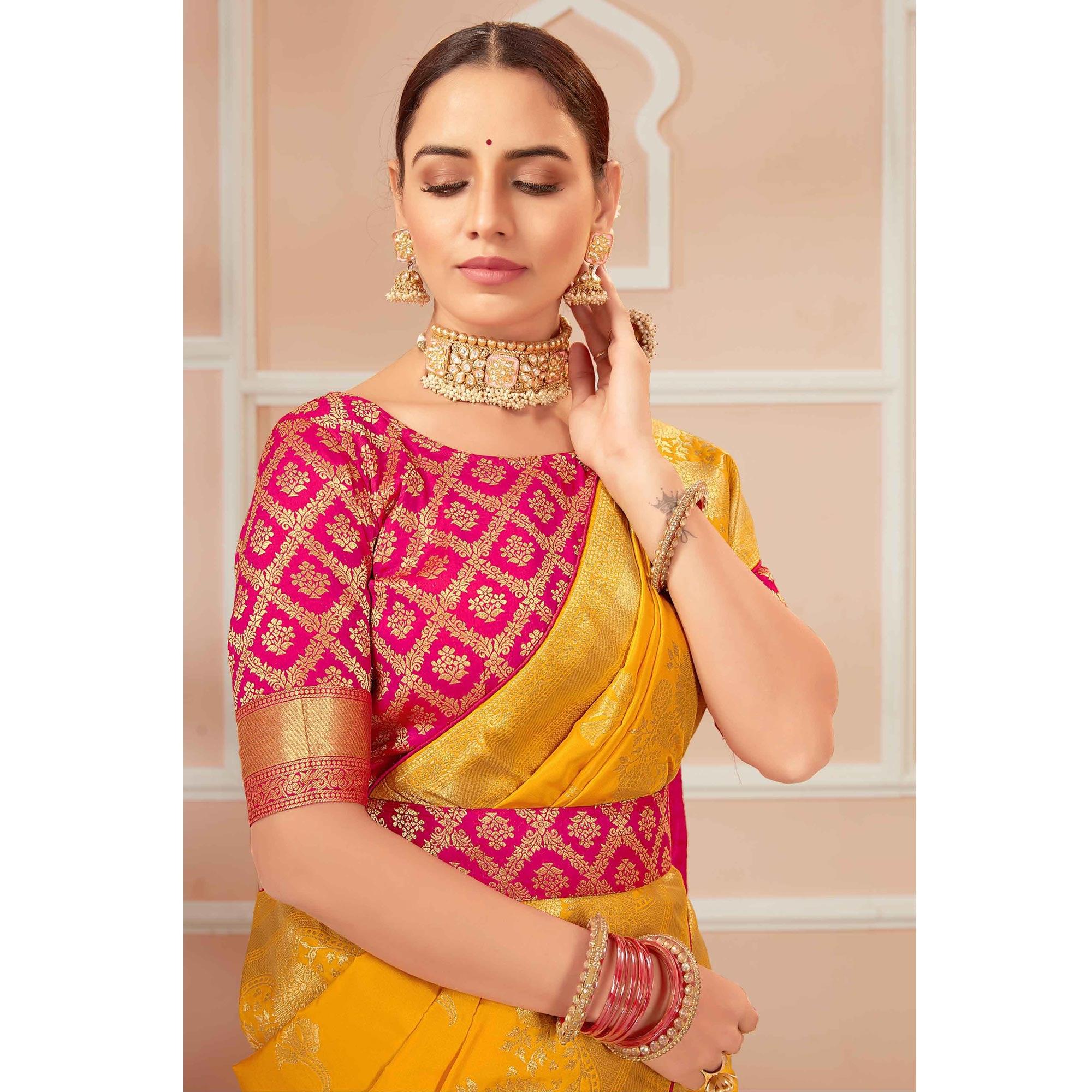 Mustard Yellow Festive Wear Woven Banarasi Silk Saree With Tassels - Peachmode