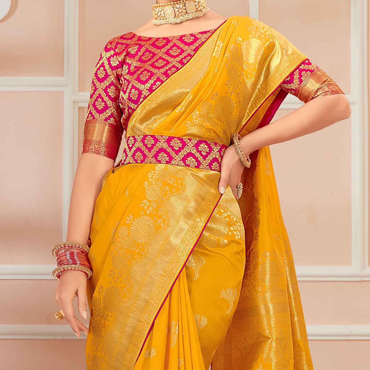 Mustard Yellow Festive Wear Woven Banarasi Silk Saree With Tassels - Peachmode