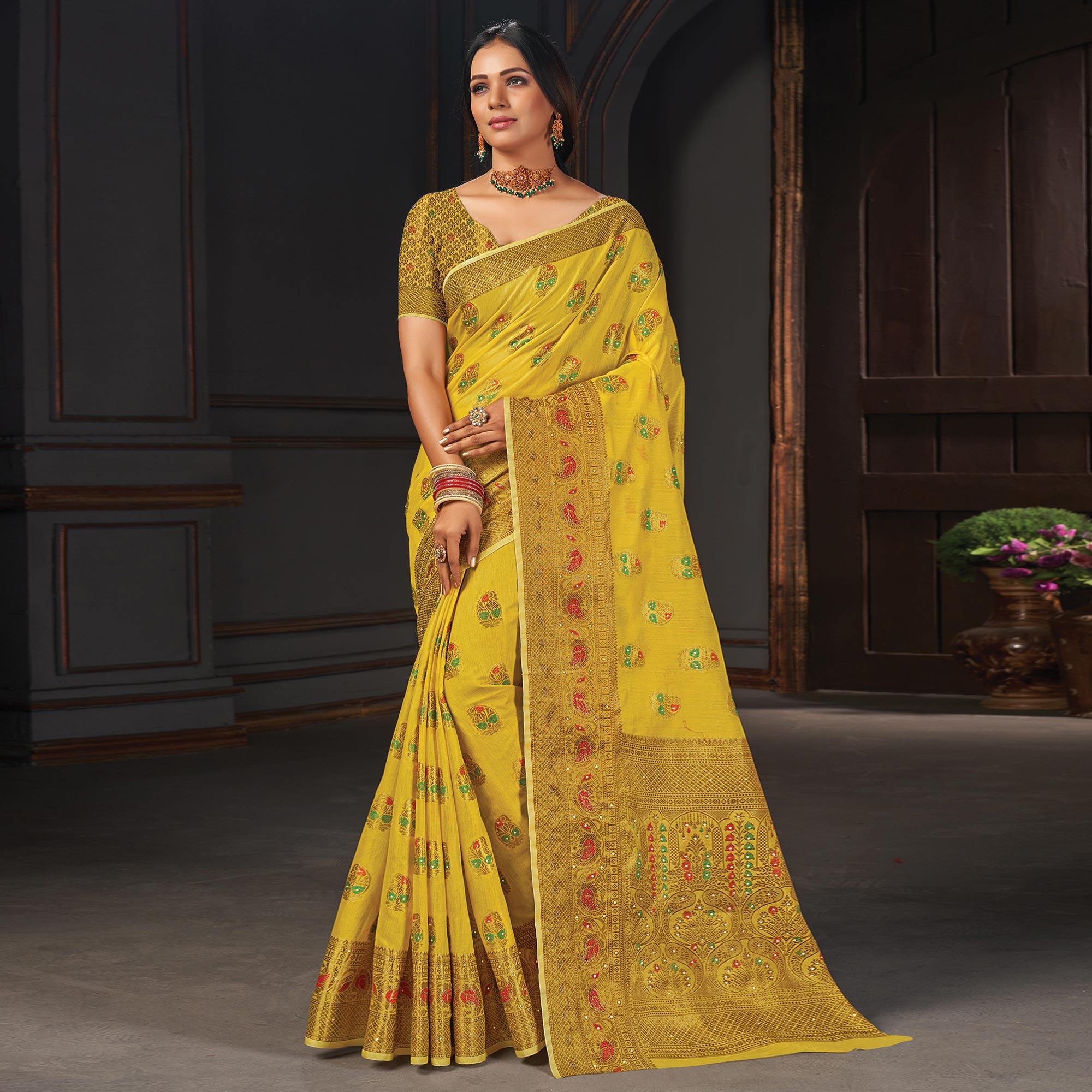 Mustard Yellow Festive Wear Woven Cotton Saree - Peachmode