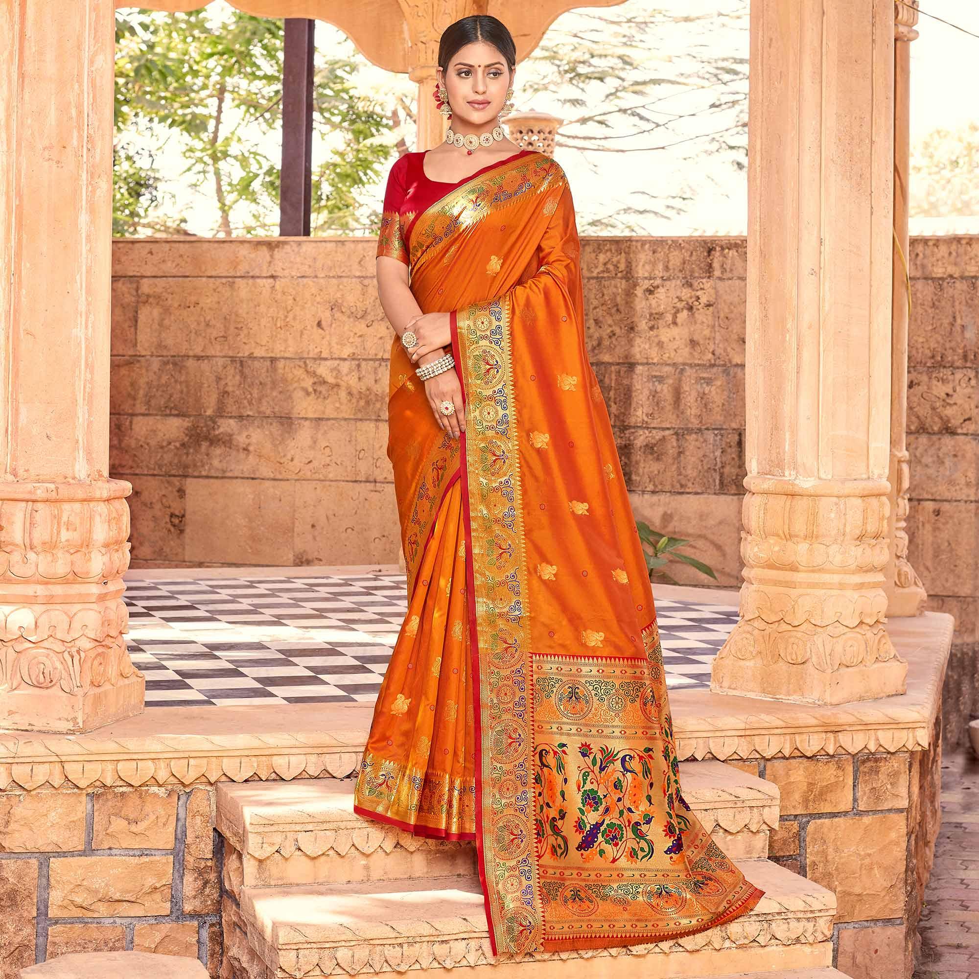 Mustard Yellow Festive Wear Woven Handloom Paithani Silk Saree - Peachmode