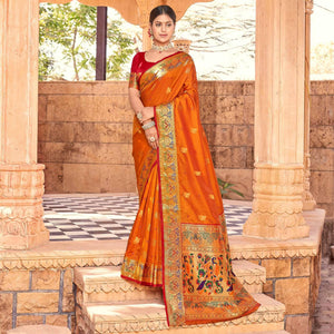 Mustard Yellow Festive Wear Woven Handloom Paithani Silk Saree - Peachmode