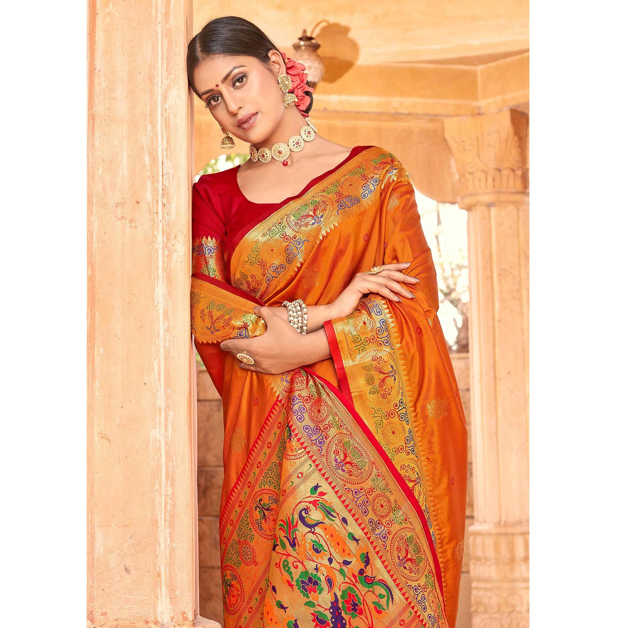 Mustard Yellow Festive Wear Woven Handloom Paithani Silk Saree - Peachmode