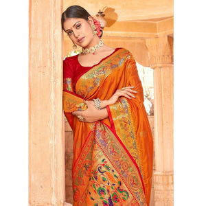 Mustard Yellow Festive Wear Woven Handloom Paithani Silk Saree - Peachmode