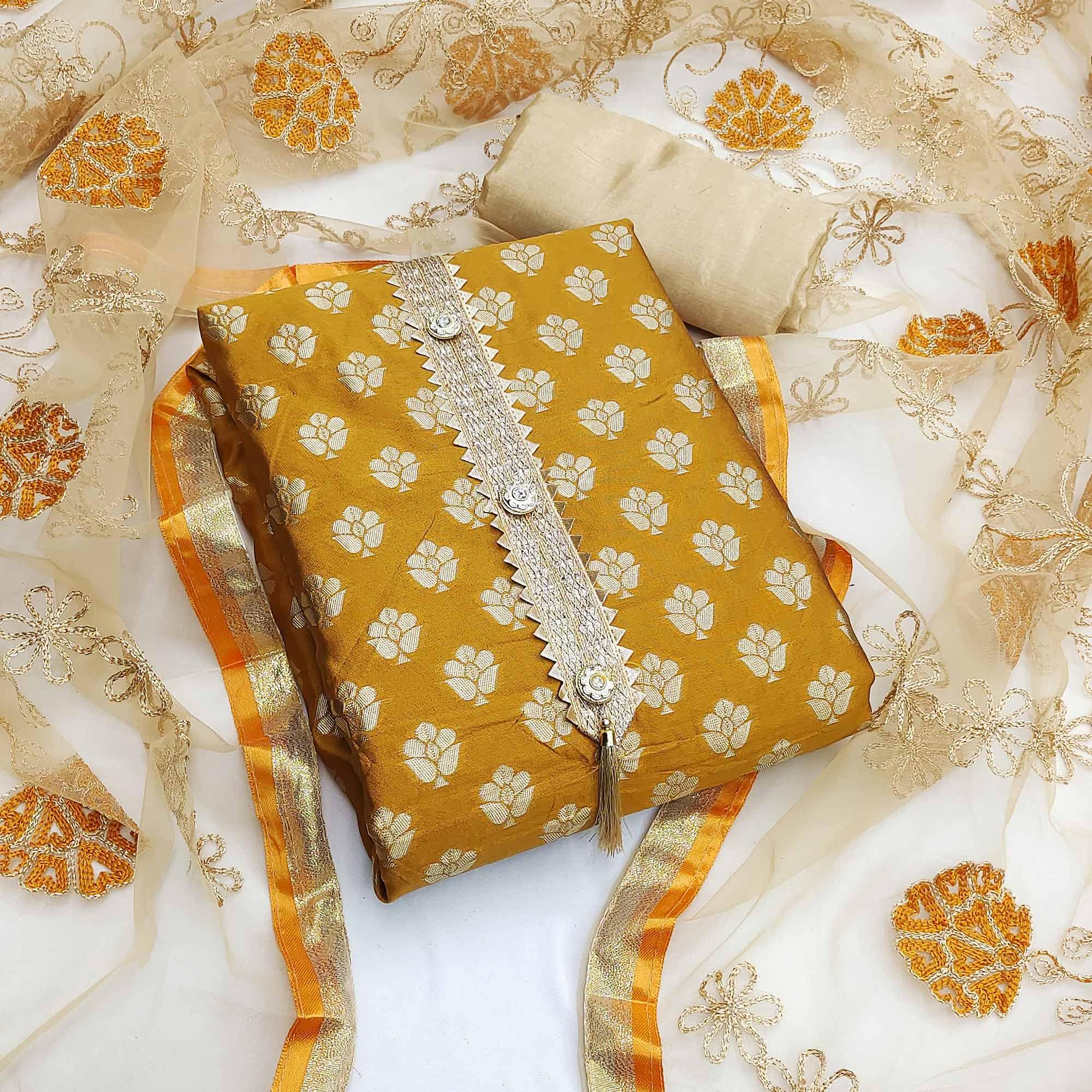 Mustard Yellow Festive Wear Woven Jacquard Dress Material - Peachmode