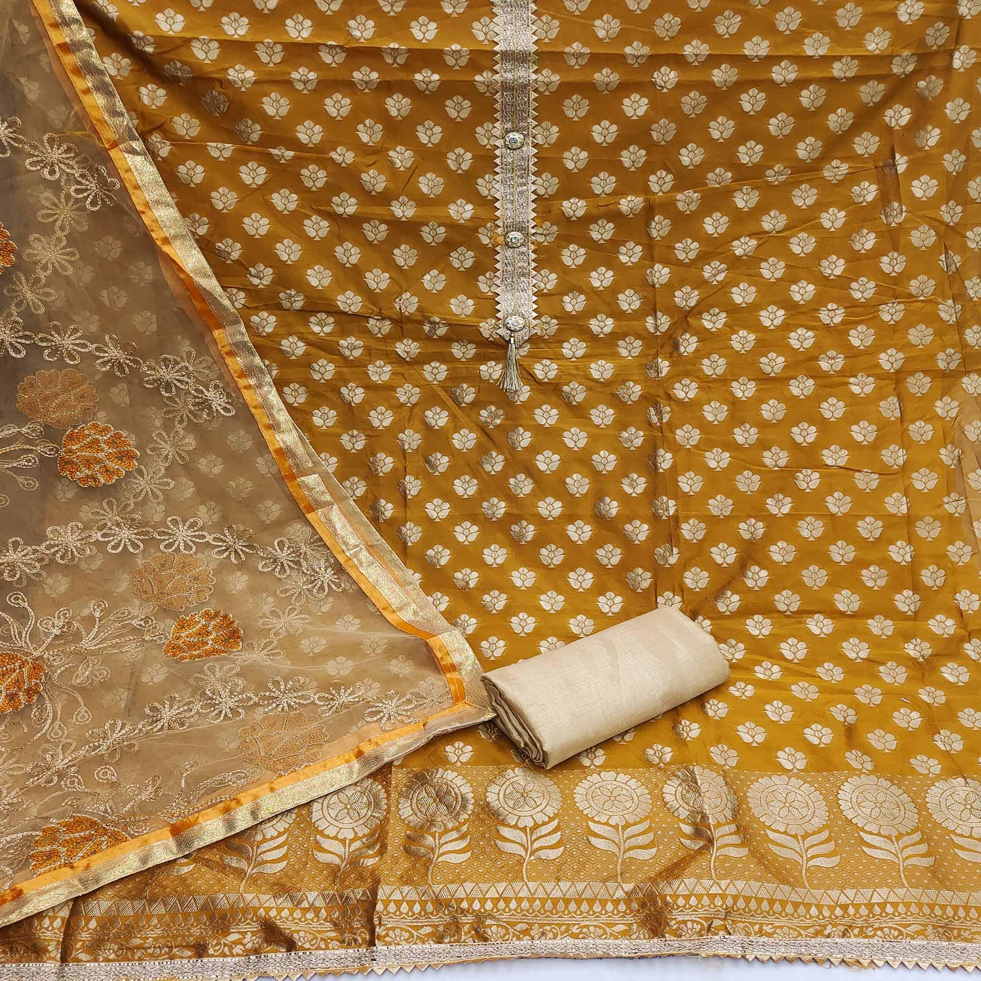 Mustard Yellow Festive Wear Woven Jacquard Dress Material - Peachmode