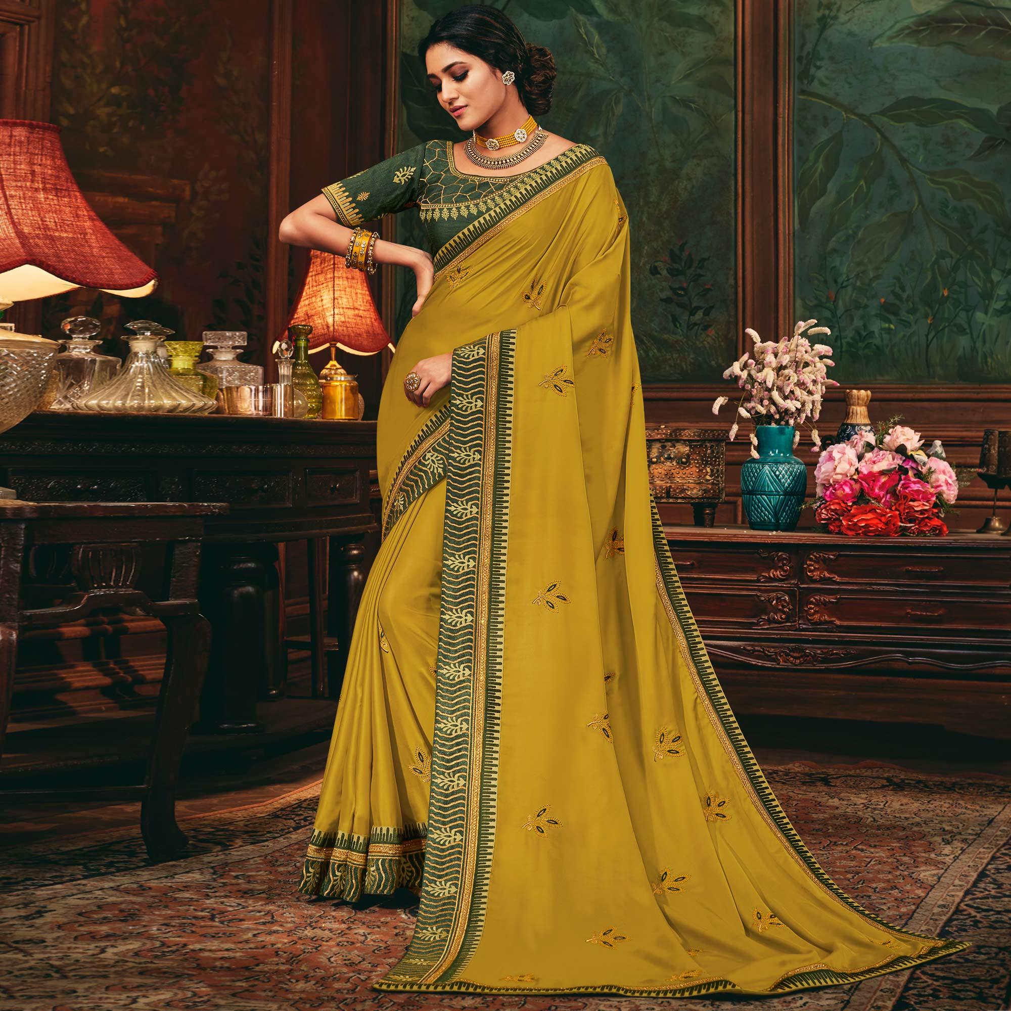Mustard Yellow Festive Wear Woven Silk Saree - Peachmode