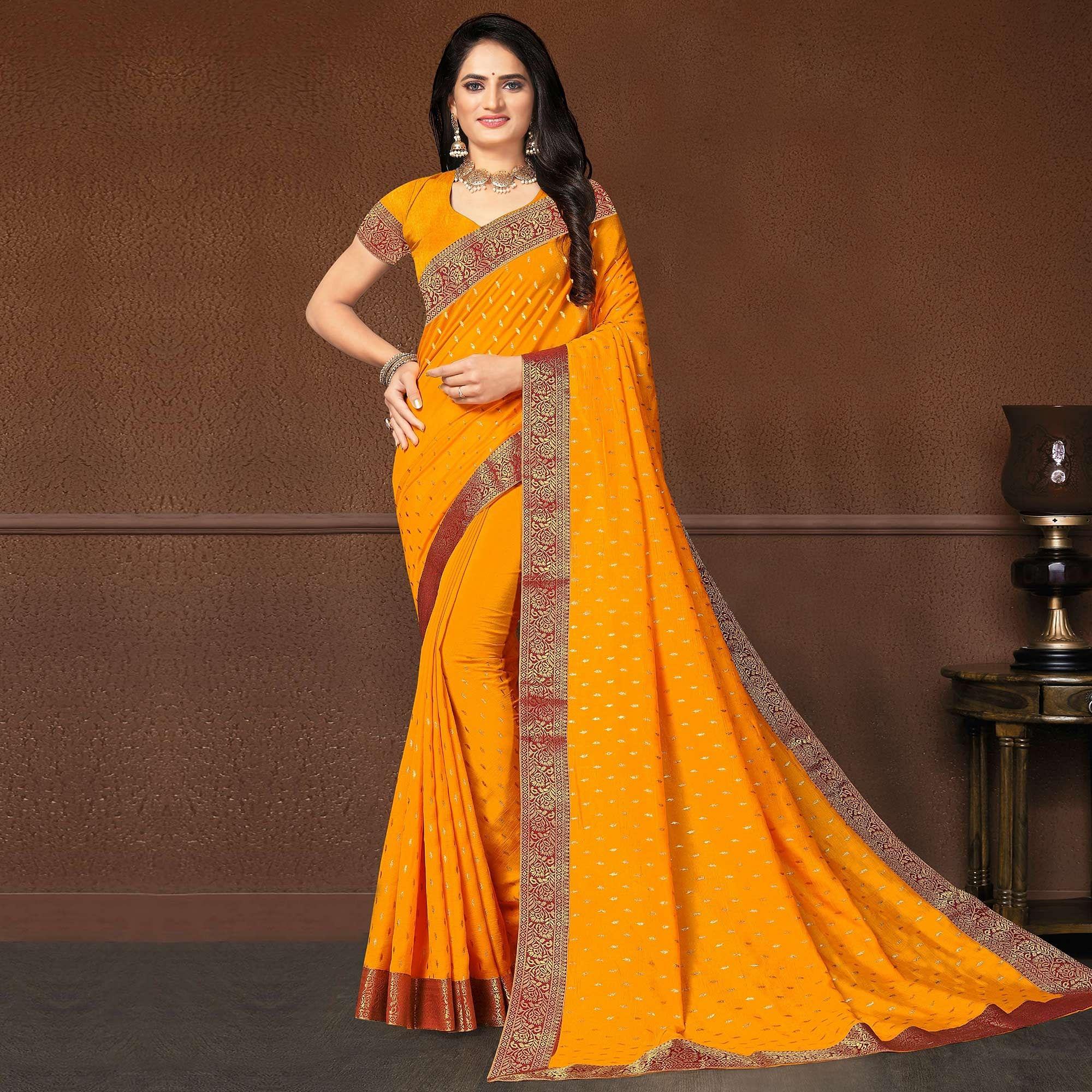 Mustard Yellow Festive Wear Woven Silk Saree - Peachmode