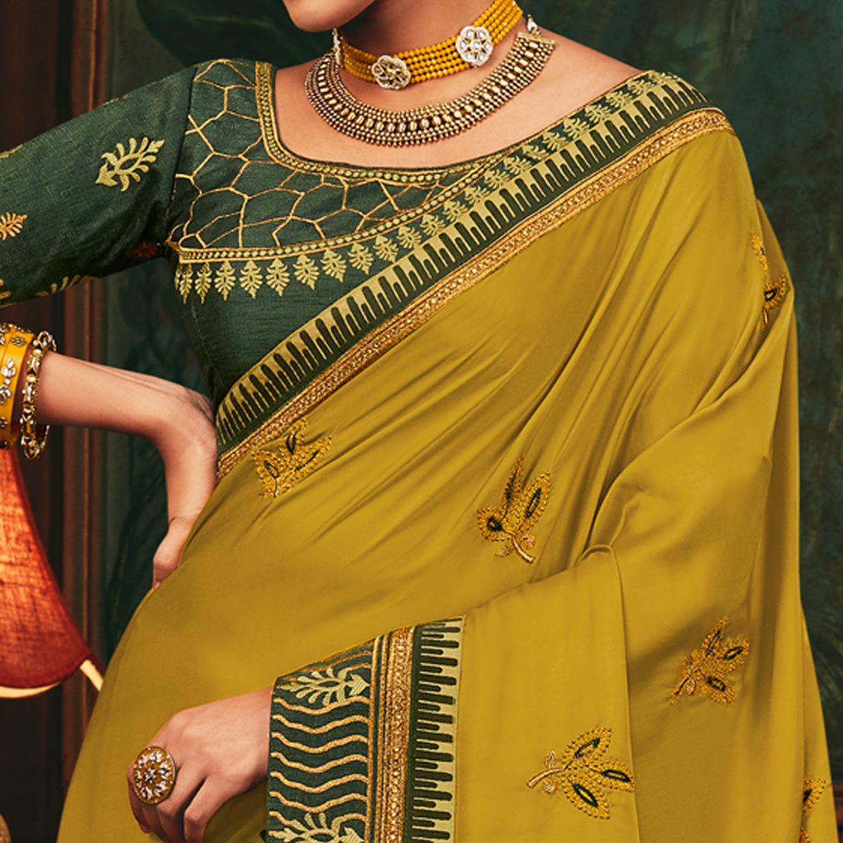 Mustard Yellow Festive Wear Woven Silk Saree - Peachmode