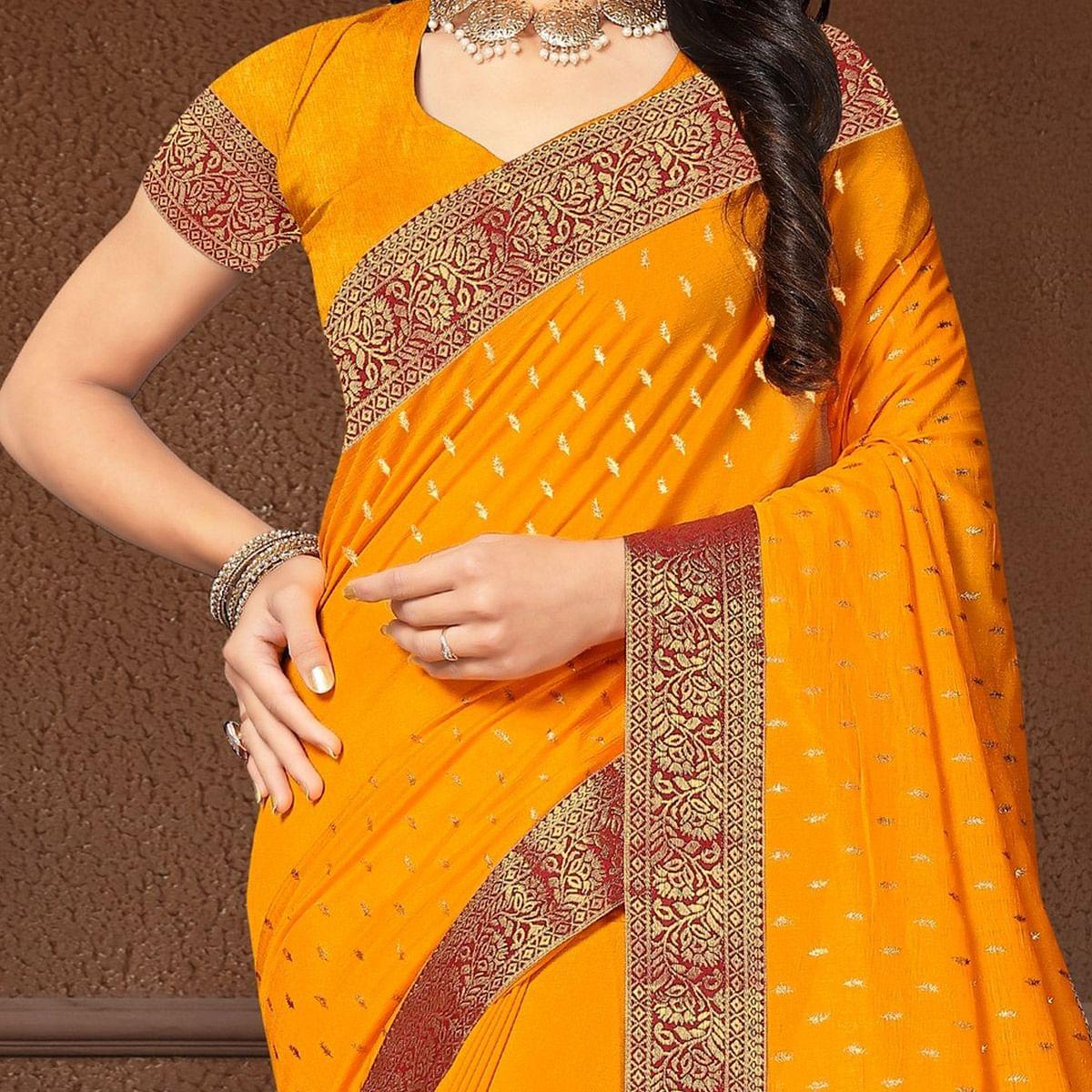 Mustard Yellow Festive Wear Woven Silk Saree - Peachmode