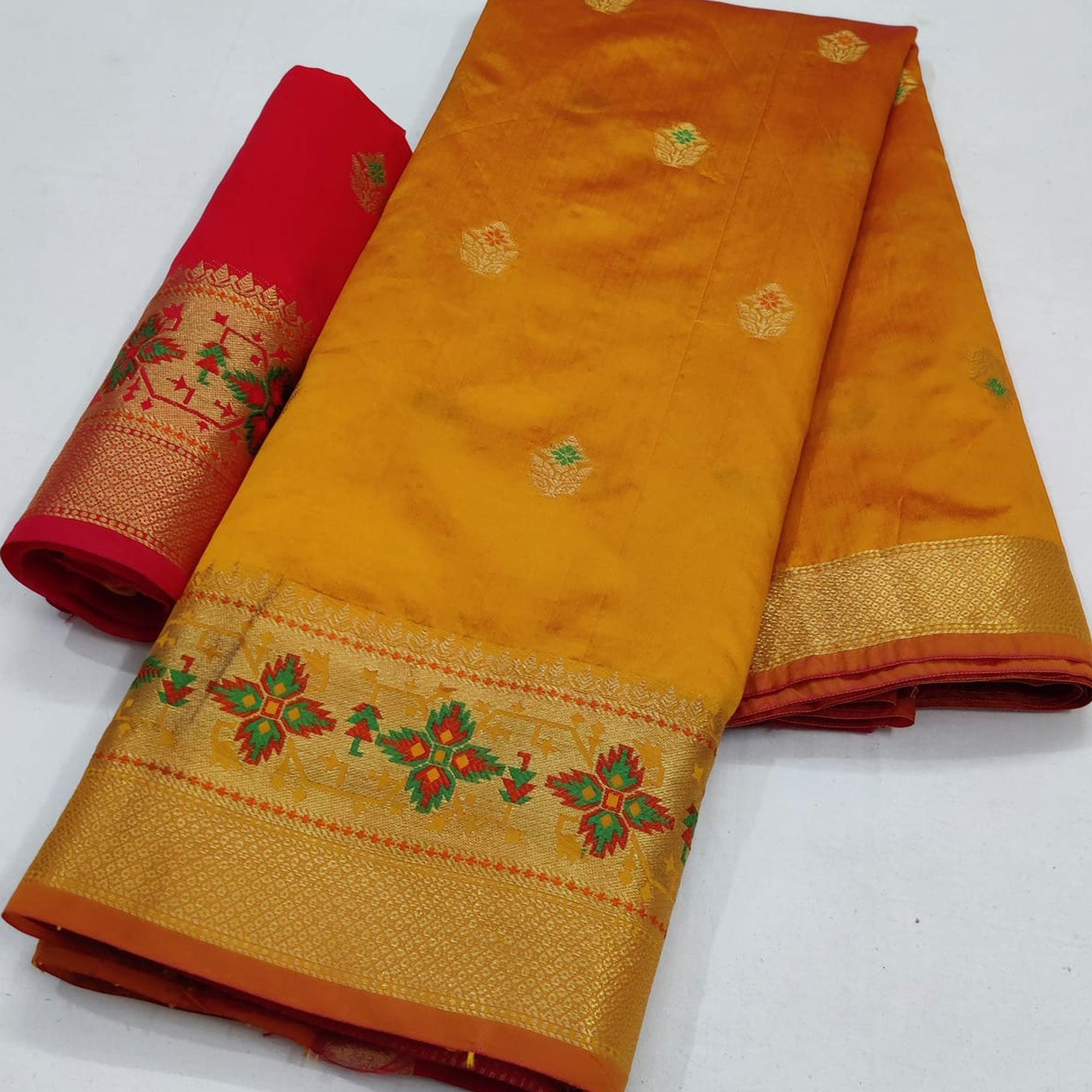 Mustard Yellow Festive Wear Woven Soft Silk Saree - Peachmode