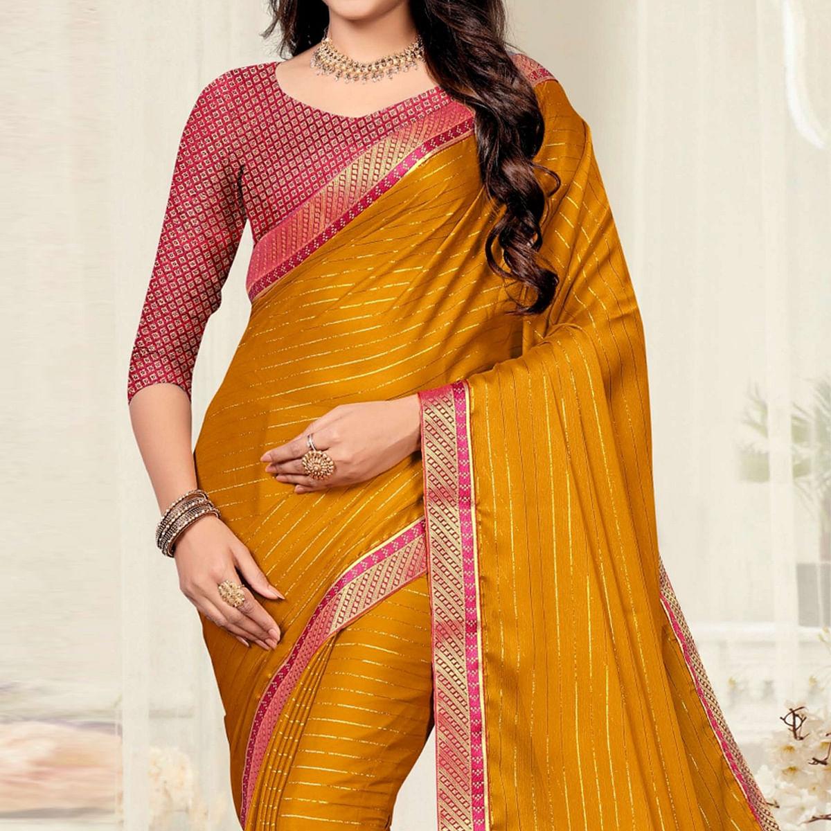 Mustard-Yellow Festive Wear Zari Chiffon Saree - Peachmode