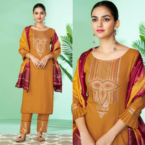 Mustard-Yellow Floral Embroidered Rayon Kurti Pant Set - Peachmode