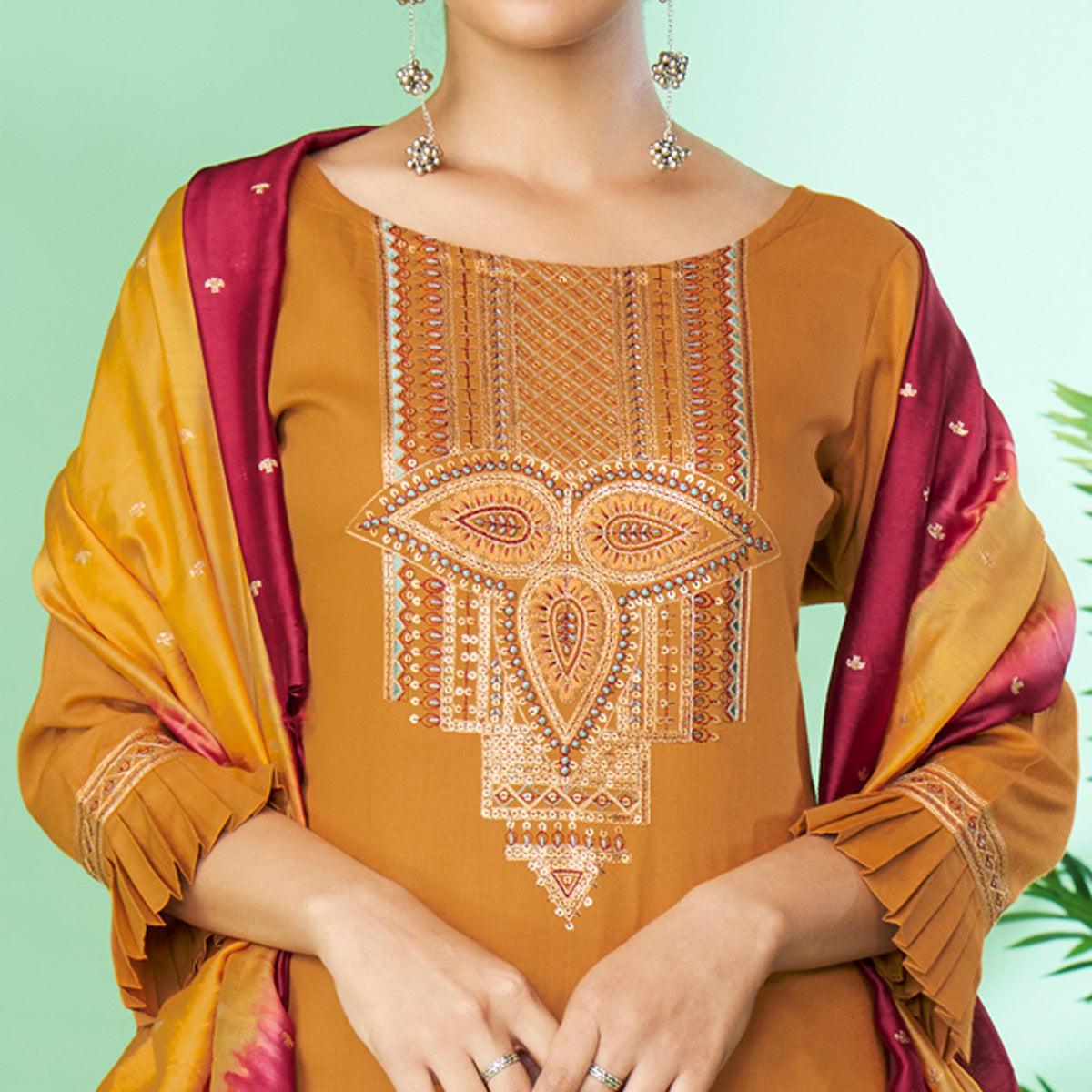 Mustard-Yellow Floral Embroidered Rayon Kurti Pant Set - Peachmode
