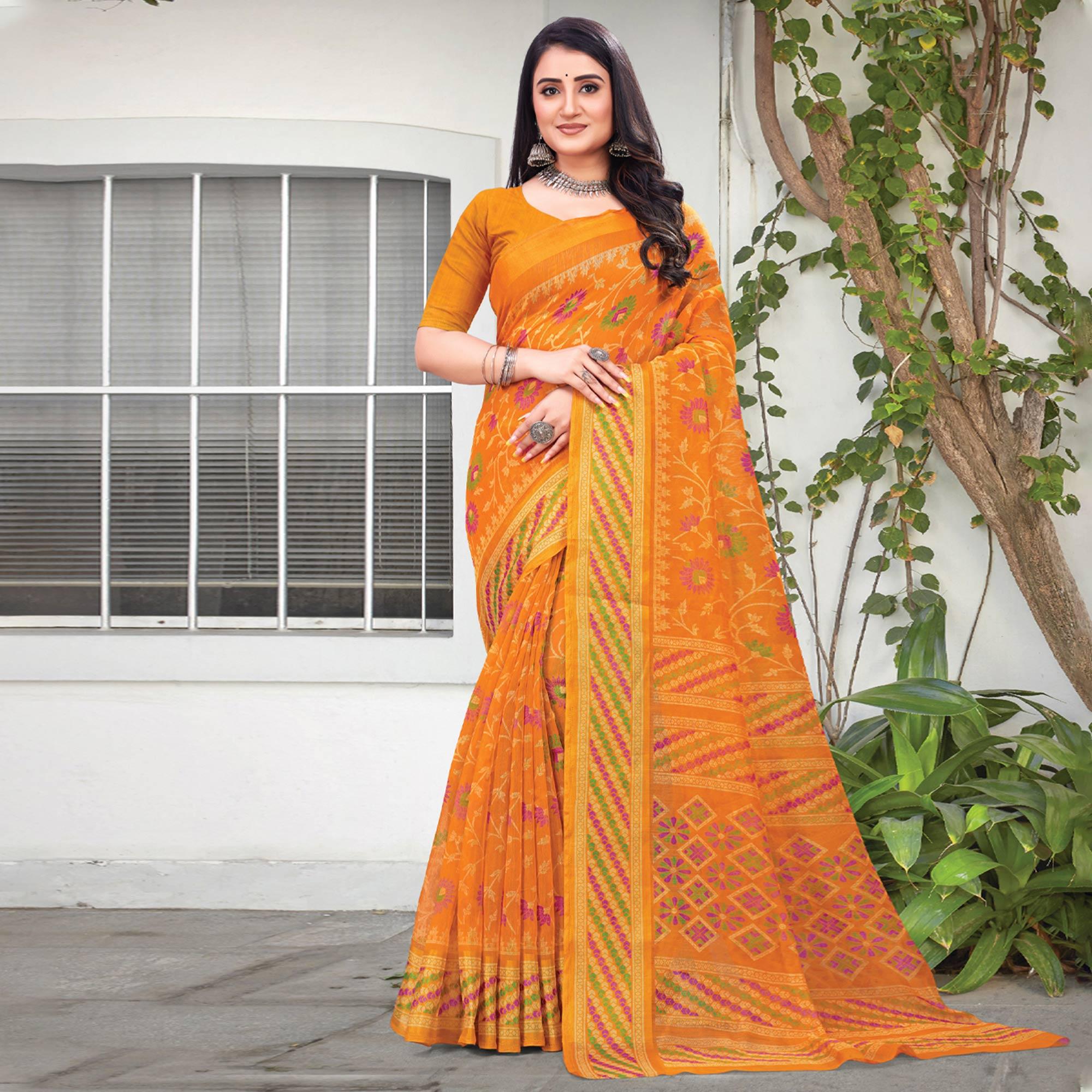 Mustard-Yellow Floral Printed Art Silk Saree - Peachmode