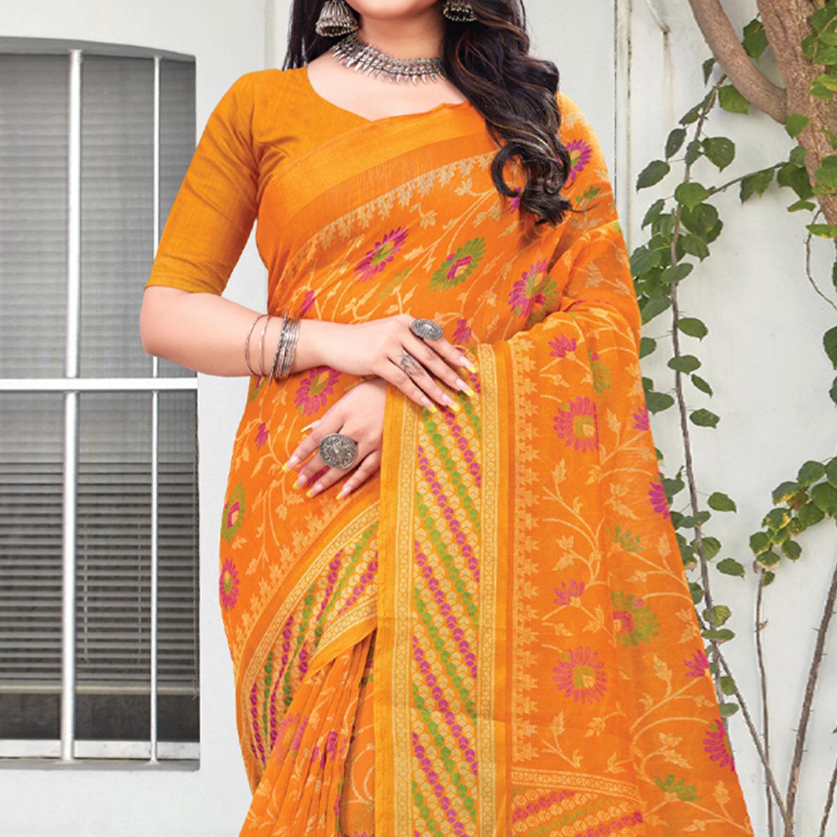 Mustard-Yellow Floral Printed Art Silk Saree - Peachmode