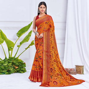 Mustard-Yellow Floral Printed Chiffon Saree - Peachmode
