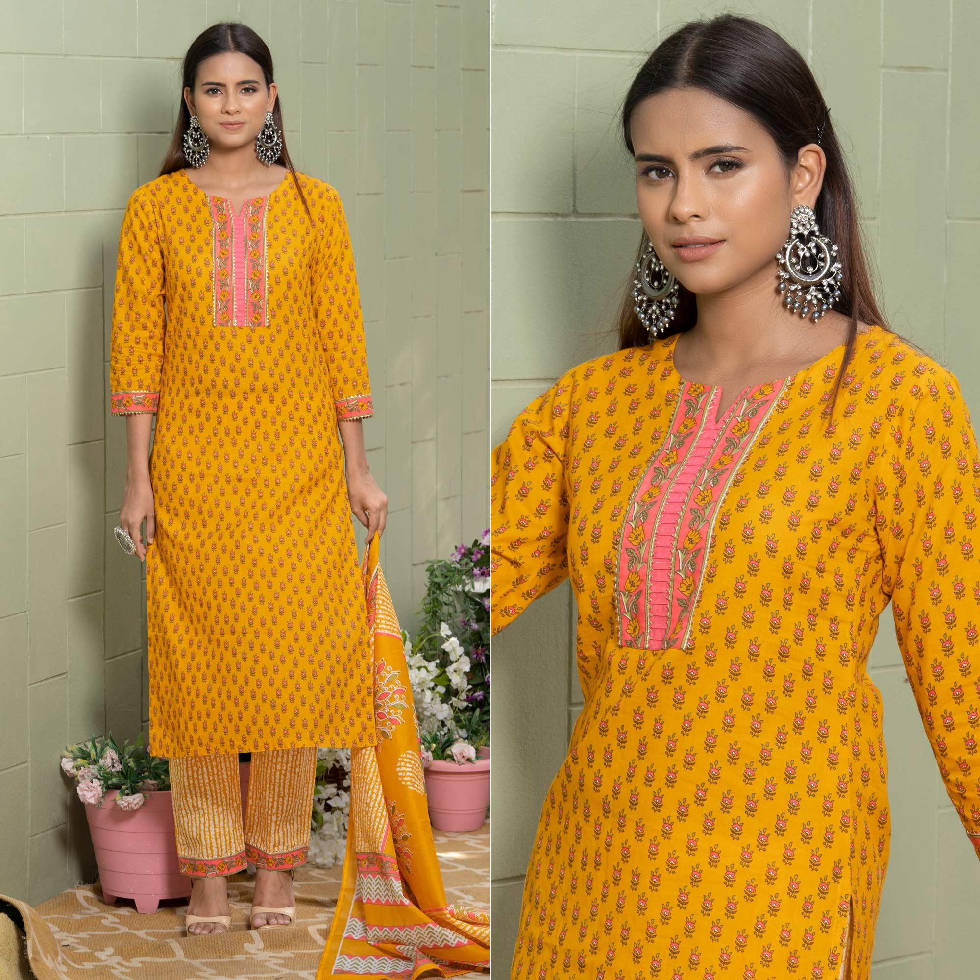 Mustard-Yellow Floral Printed Poly Cotton Kurti Pant Set With Dupatta - Peachmode