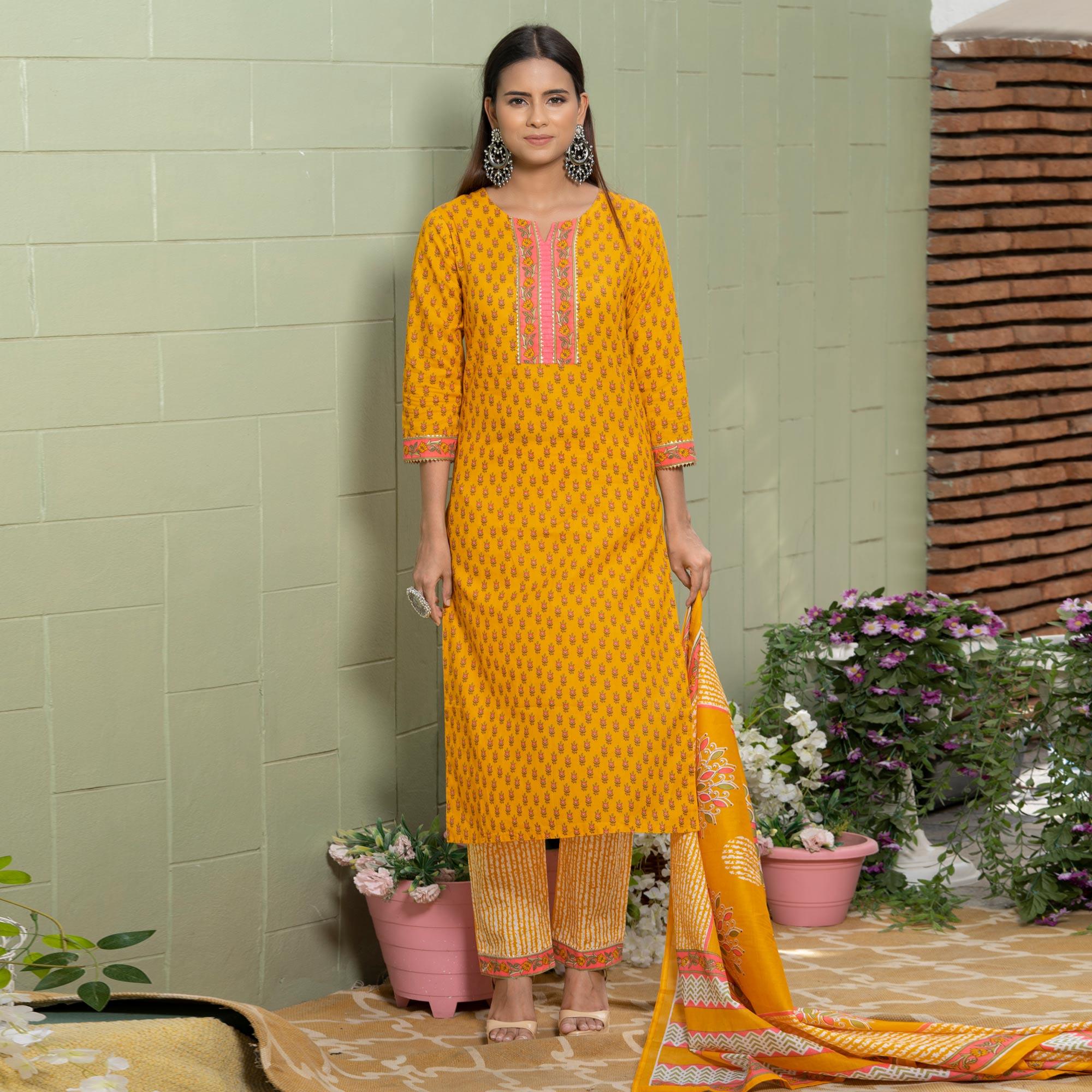 Mustard-Yellow Floral Printed Poly Cotton Kurti Pant Set With Dupatta - Peachmode