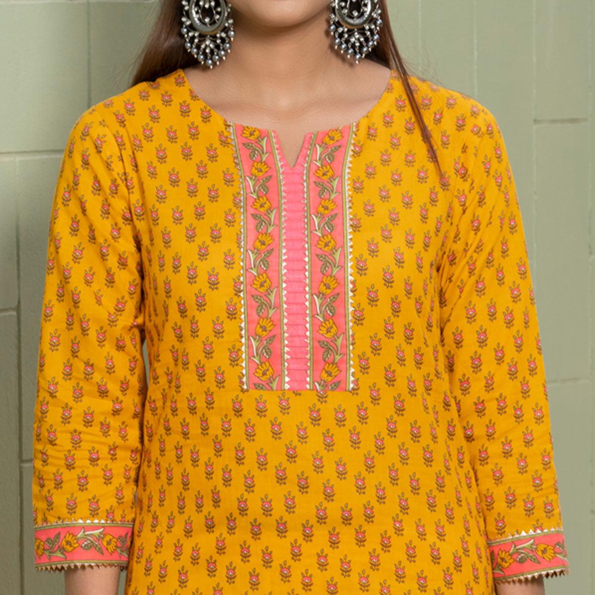 Mustard-Yellow Floral Printed Poly Cotton Kurti Pant Set With Dupatta - Peachmode