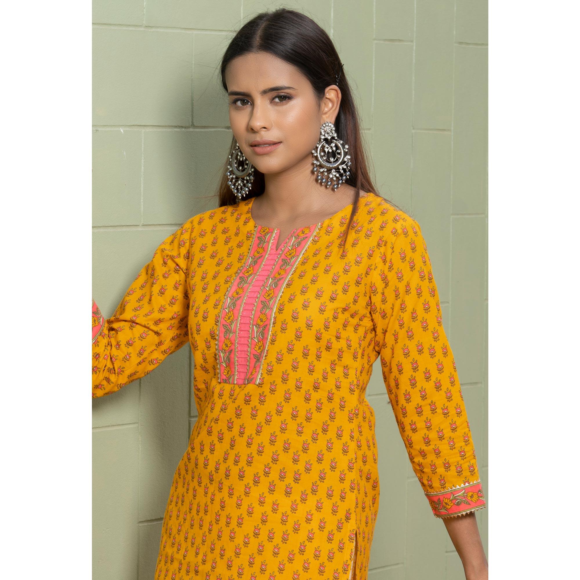 Mustard-Yellow Floral Printed Poly Cotton Kurti Pant Set With Dupatta - Peachmode