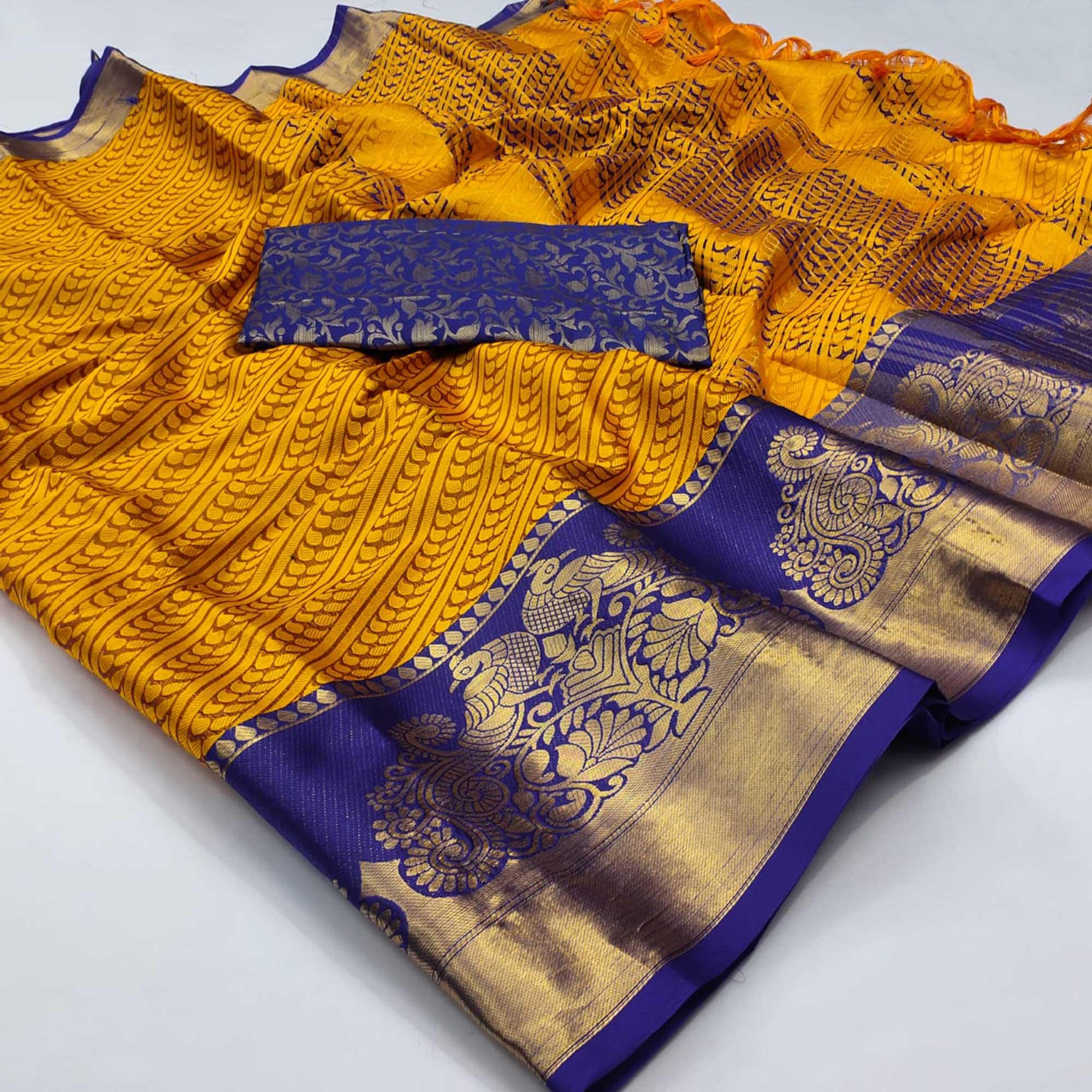 Mustard-Yellow Kalamkari Woven Cotton Silk Saree - Peachmode