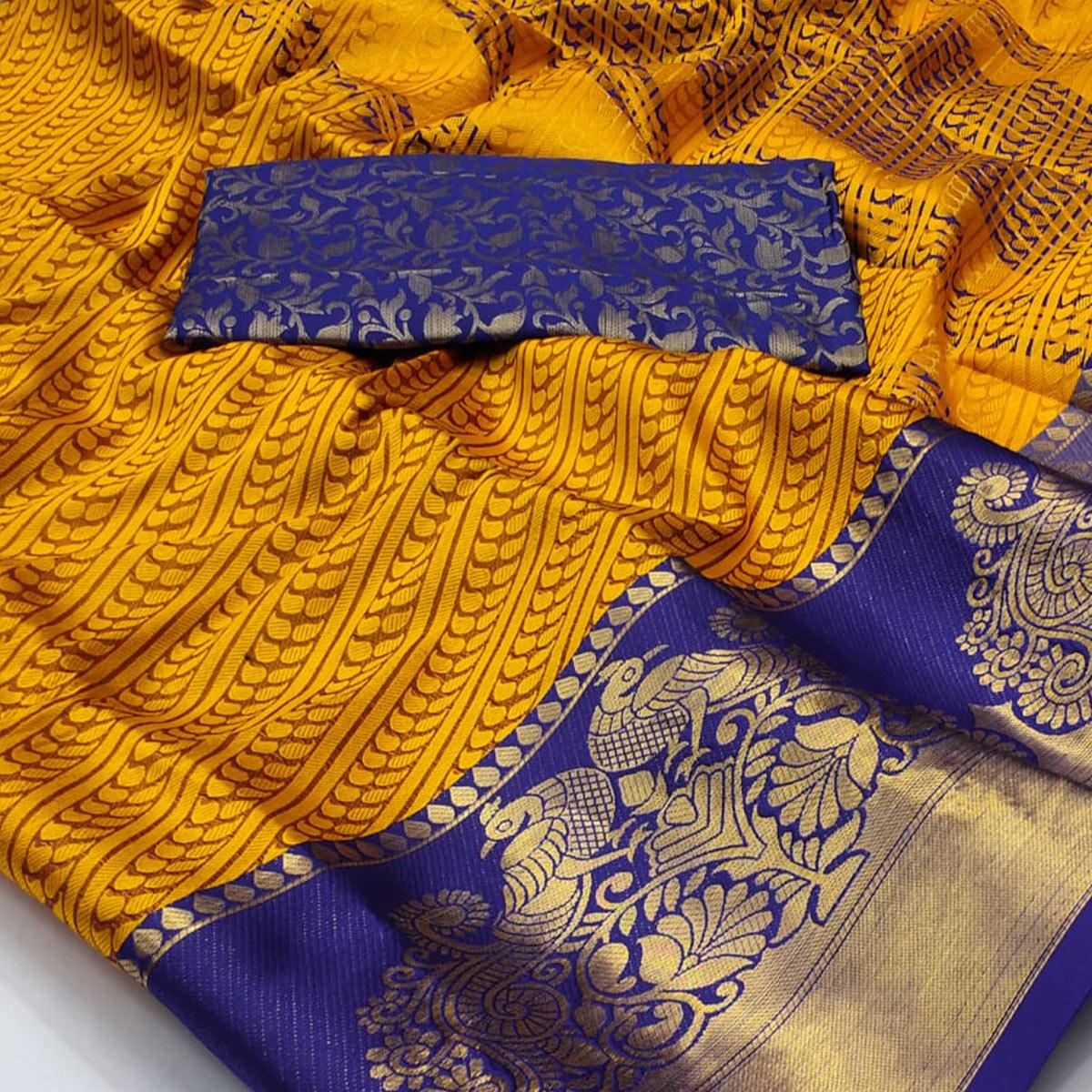 Mustard-Yellow Kalamkari Woven Cotton Silk Saree - Peachmode