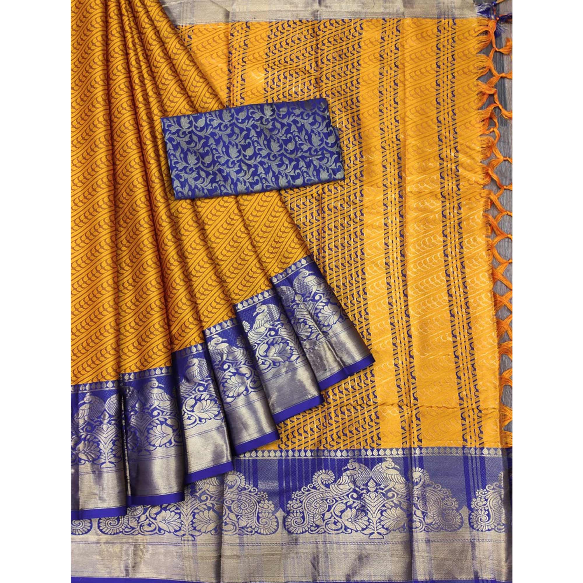 Mustard-Yellow Kalamkari Woven Cotton Silk Saree - Peachmode