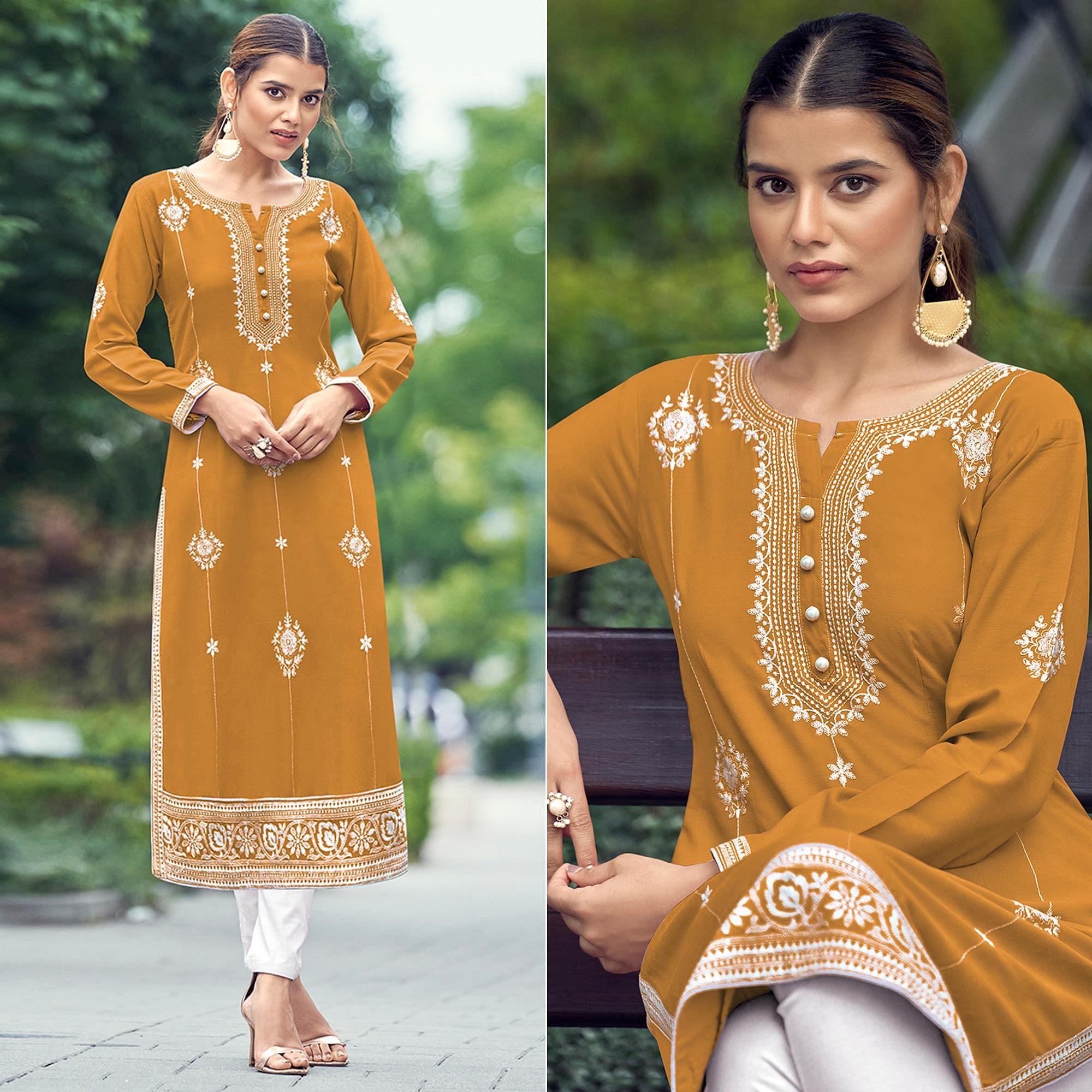 Mustard Yellow Lakhnawi Work Rayon Kurti - Peachmode