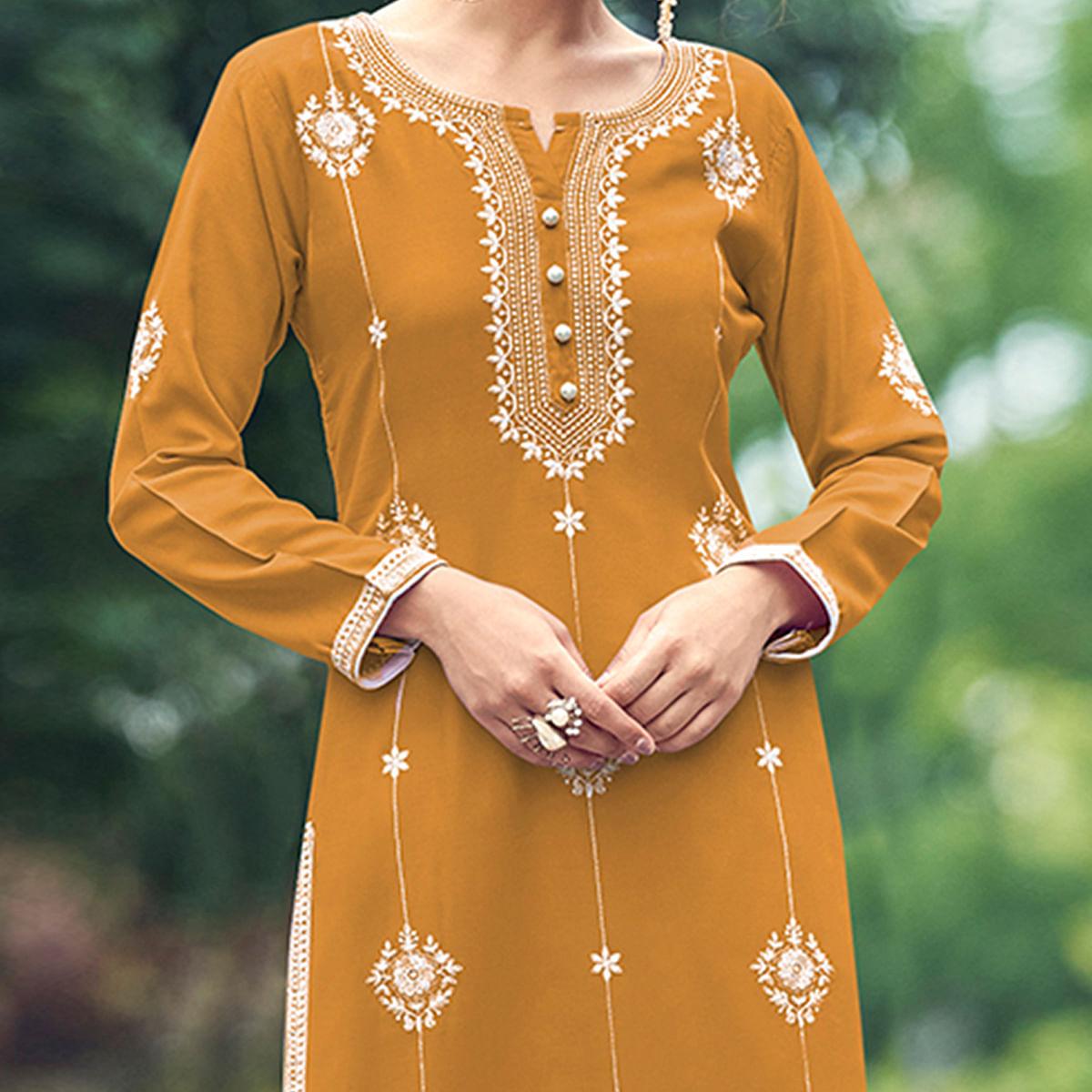 Mustard Yellow Lakhnawi Work Rayon Kurti - Peachmode