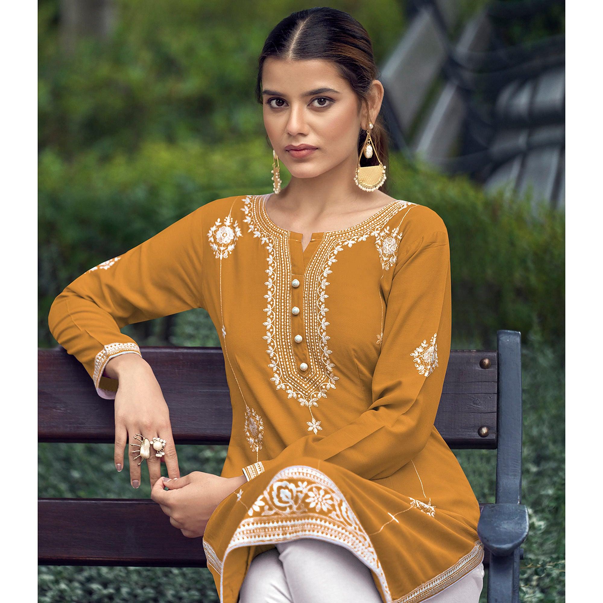 Mustard Yellow Lakhnawi Work Rayon Kurti - Peachmode