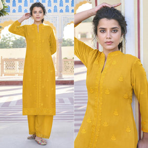 Mustard Yellow Lucknowi Embroidered Georgette Kurti Palazzo Set - Peachmode