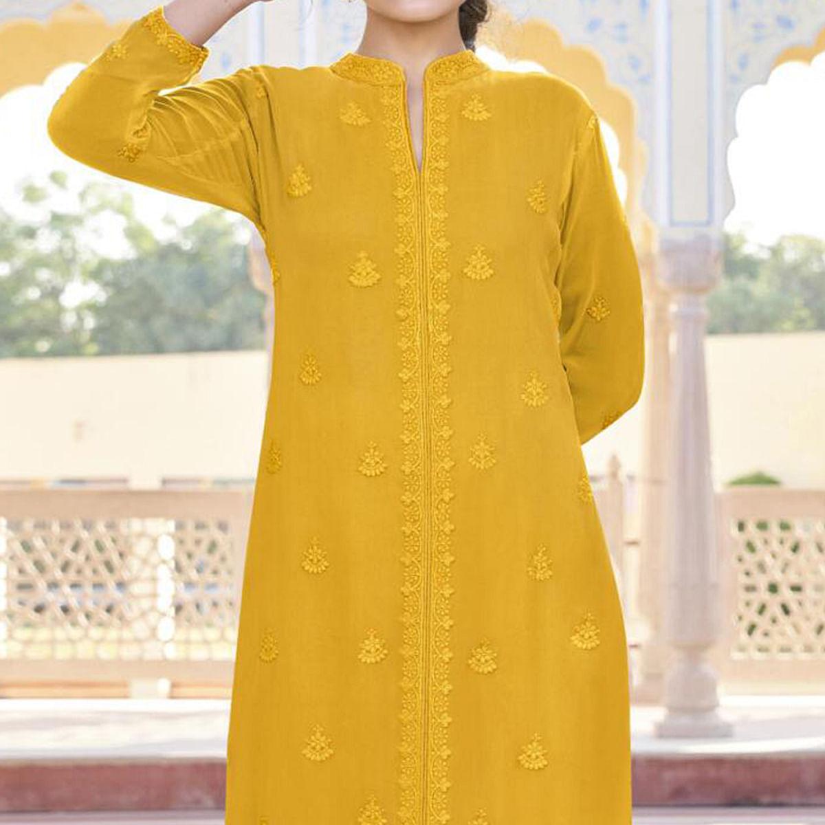Mustard Yellow Lucknowi Embroidered Georgette Kurti Palazzo Set - Peachmode