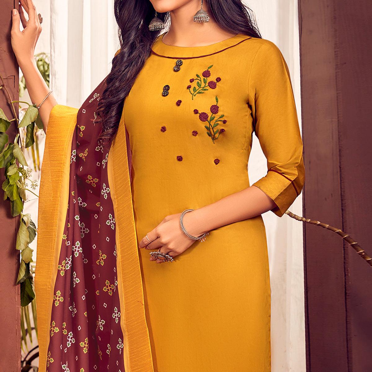 Mustard Yellow Party Wear Embroidered Cotton Kurti Pant Set With Dupatta - Peachmode