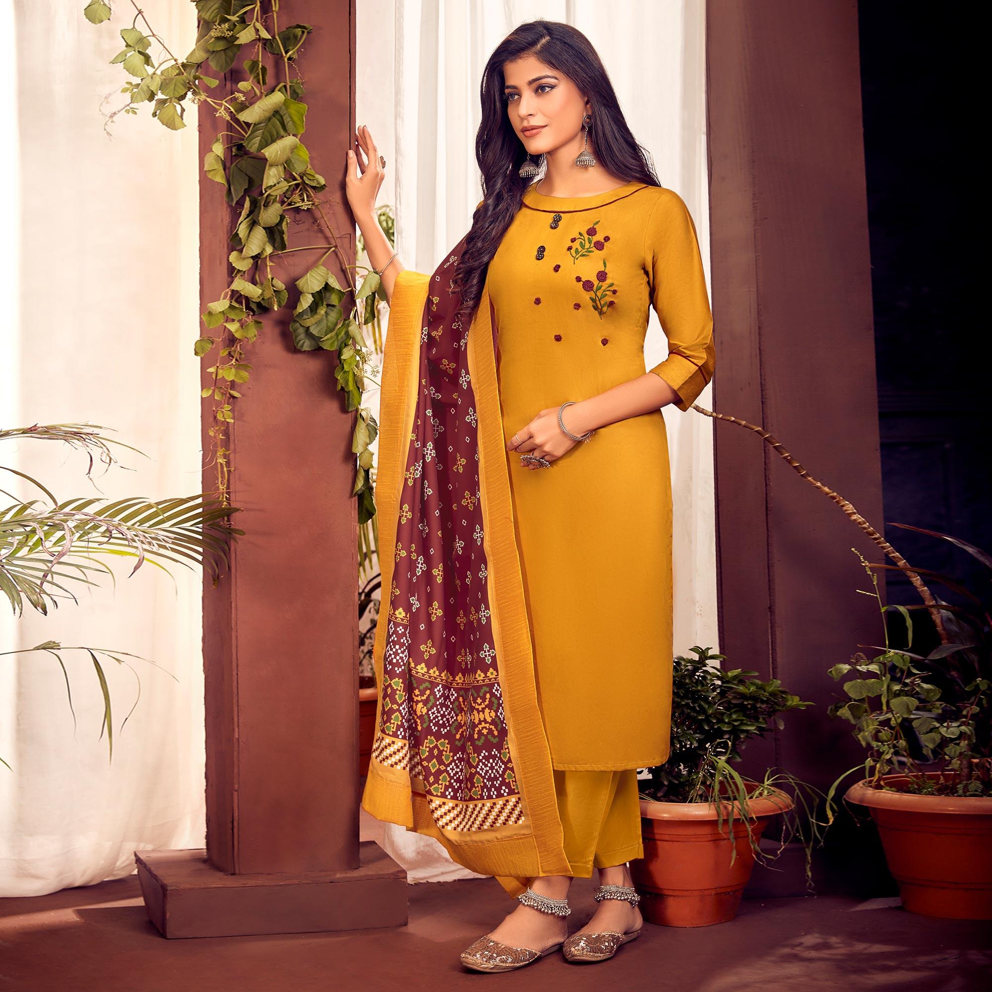 mustard yellow party wear embroidered cotton kurti pant set with dupatta peachmode 3